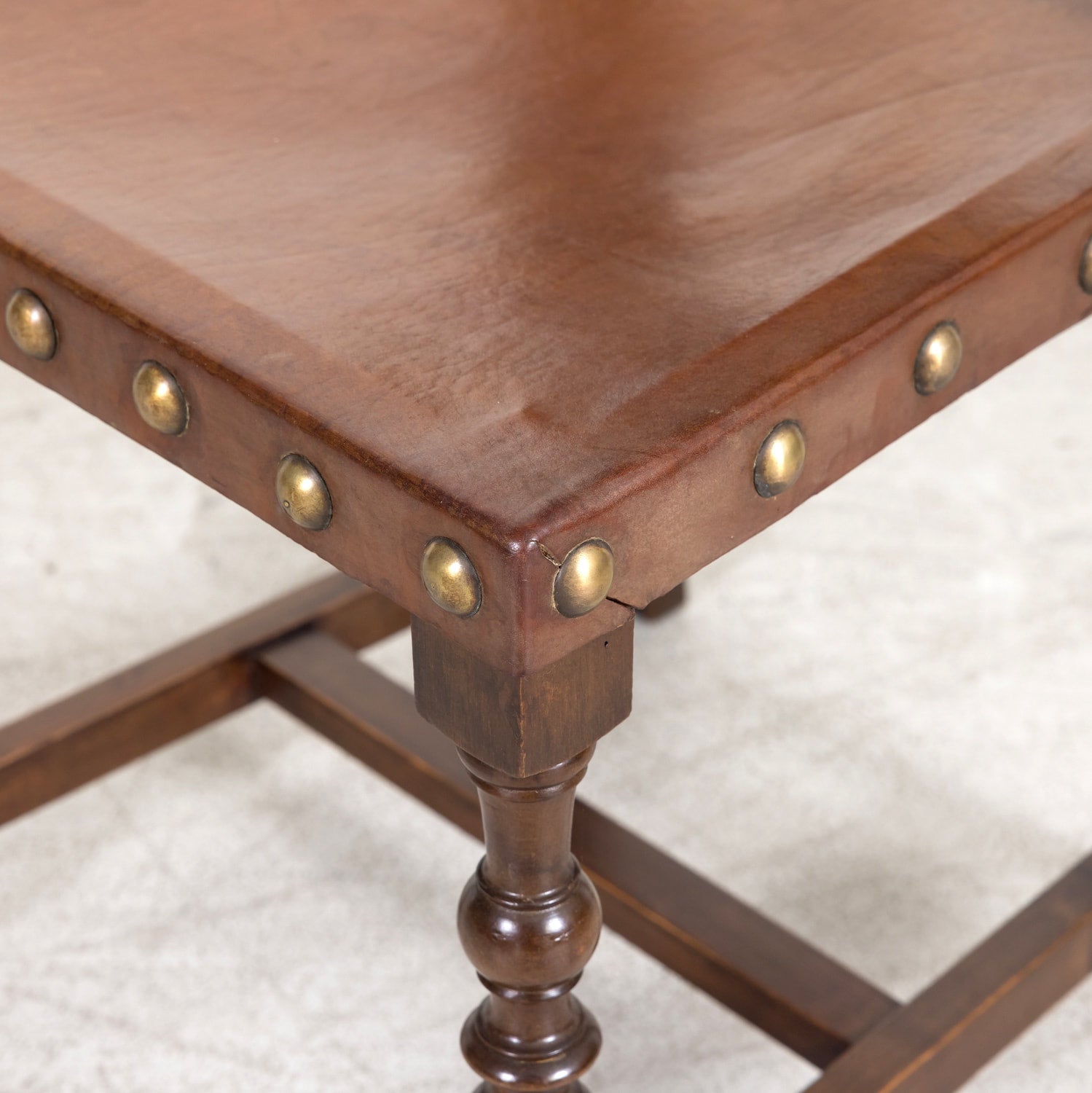 19th Century Spanish Baroque Style Leather and Walnut Side Chairs with Nailhead Trim, Set of 4