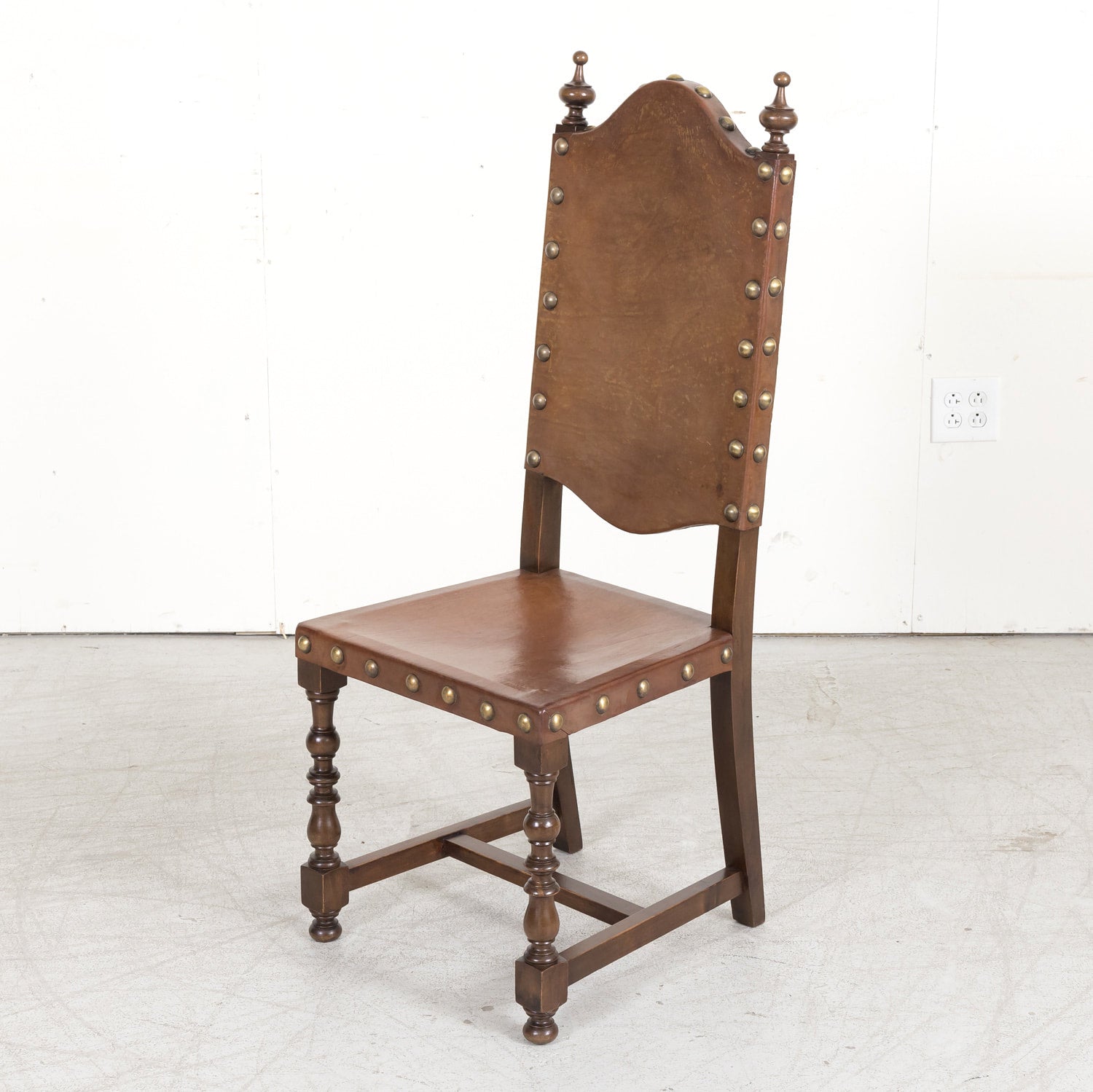 19th Century Spanish Baroque Style Leather and Walnut Side Chairs with Nailhead Trim, Set of 4