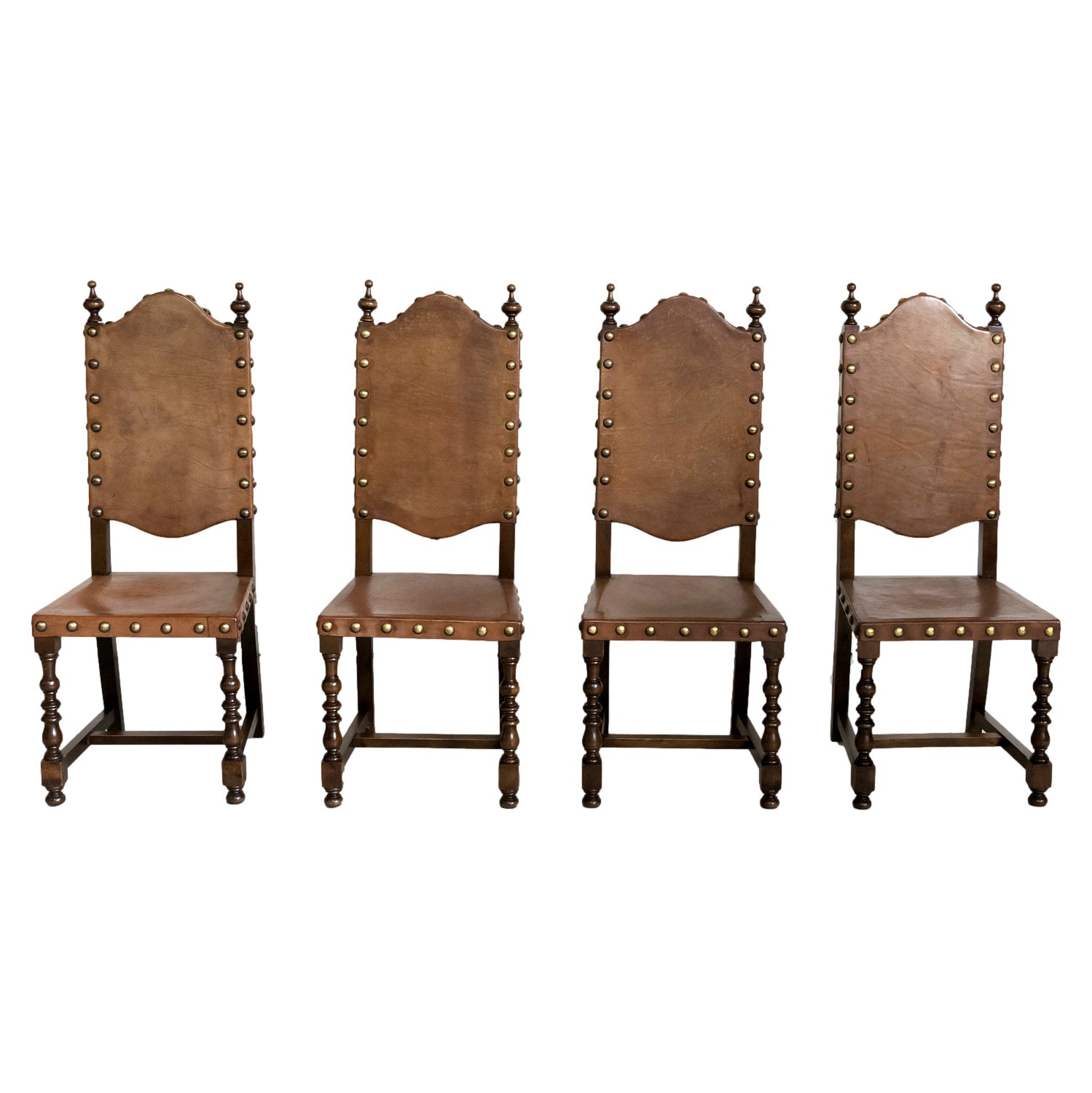 19th Century Spanish Baroque Style Leather and Walnut Side Chairs with Nailhead Trim, Set of 4