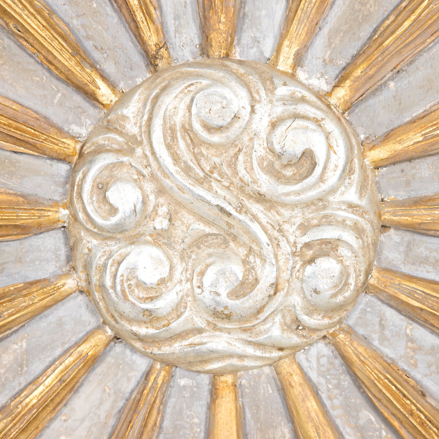 Framed Double Panel Italian Sunburst with 19th Century Giltwood and Silver Leaf Fragments