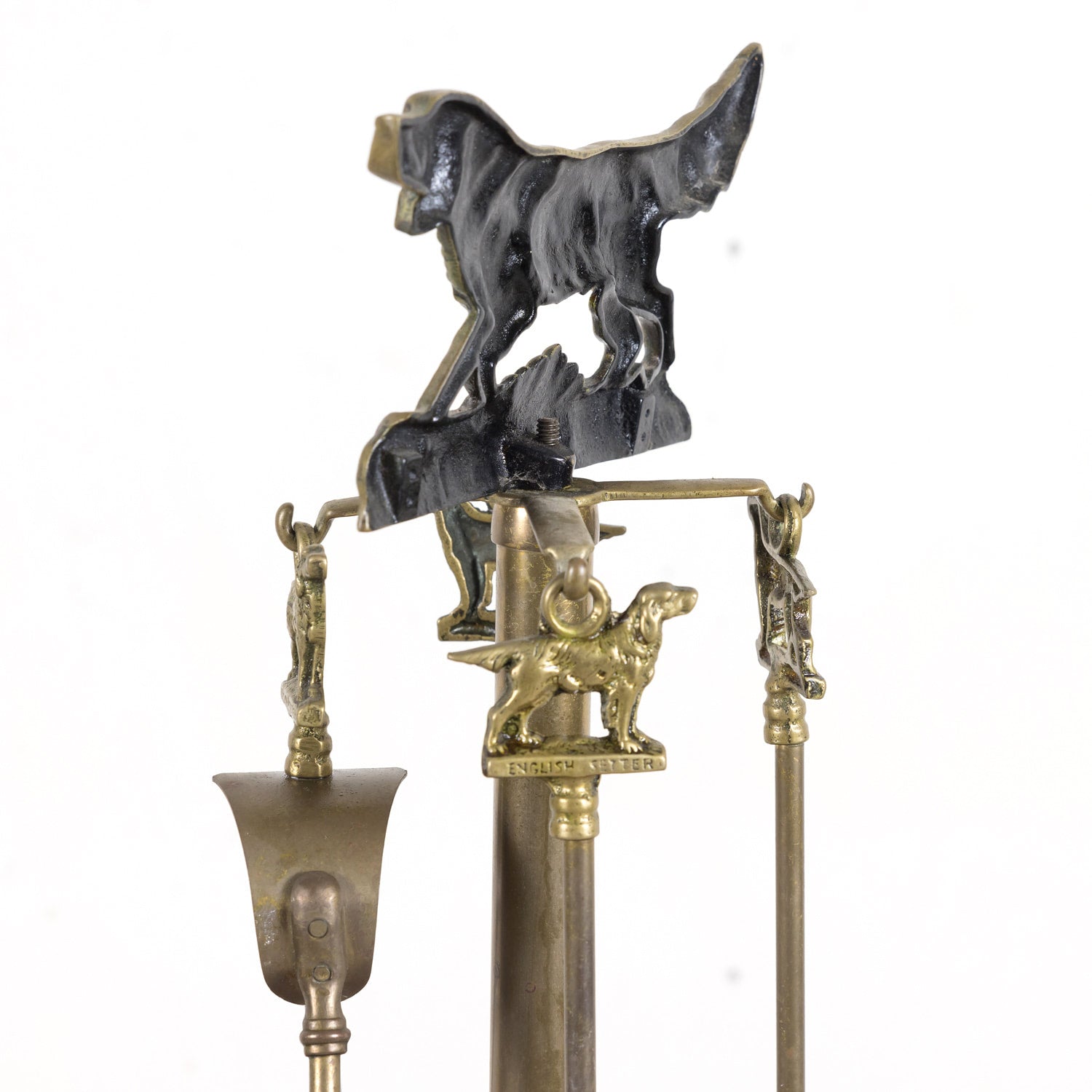 Antique French English Setter Hunting Dog Five Piece Fireplace Tool Set