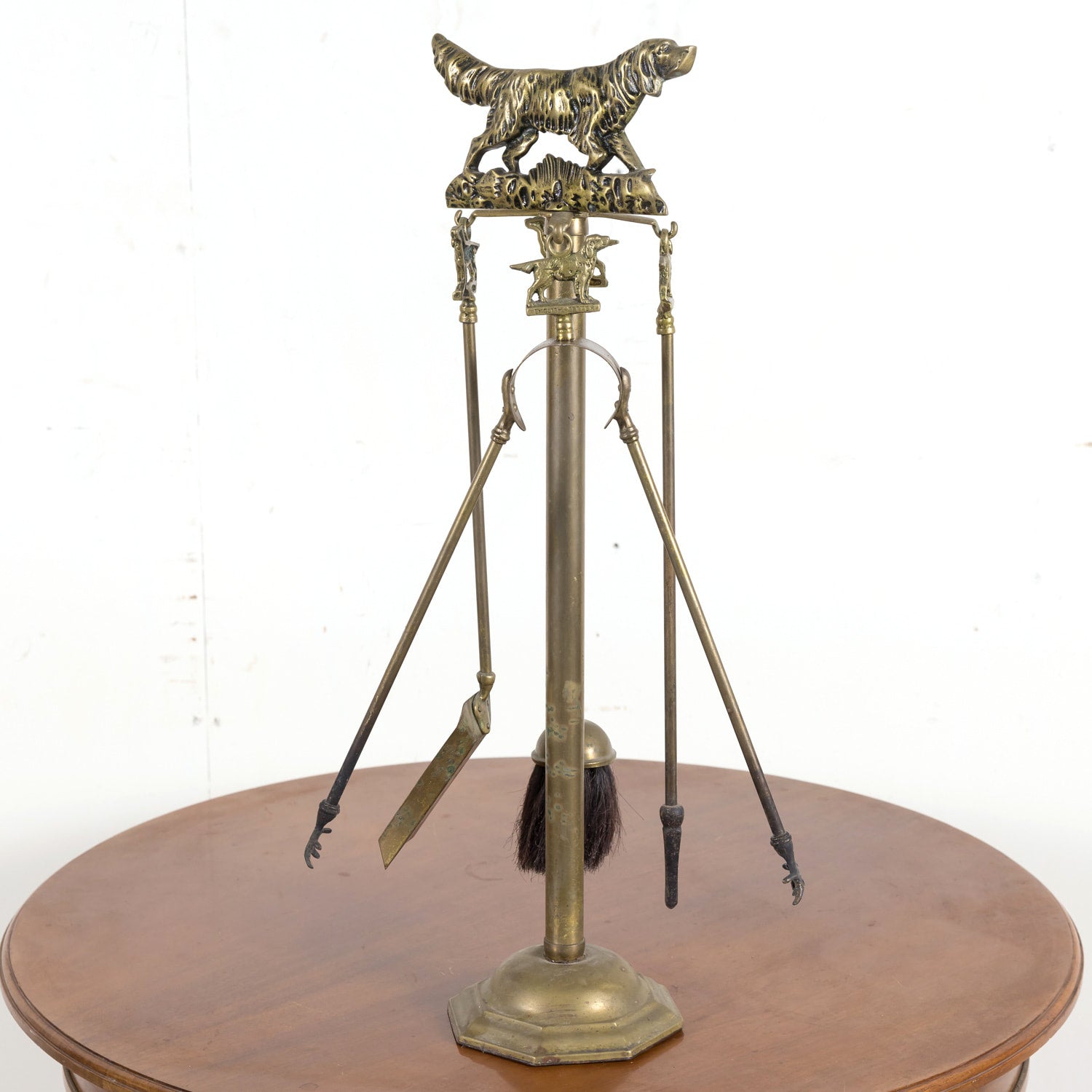 Antique French English Setter Hunting Dog Five Piece Fireplace Tool Set