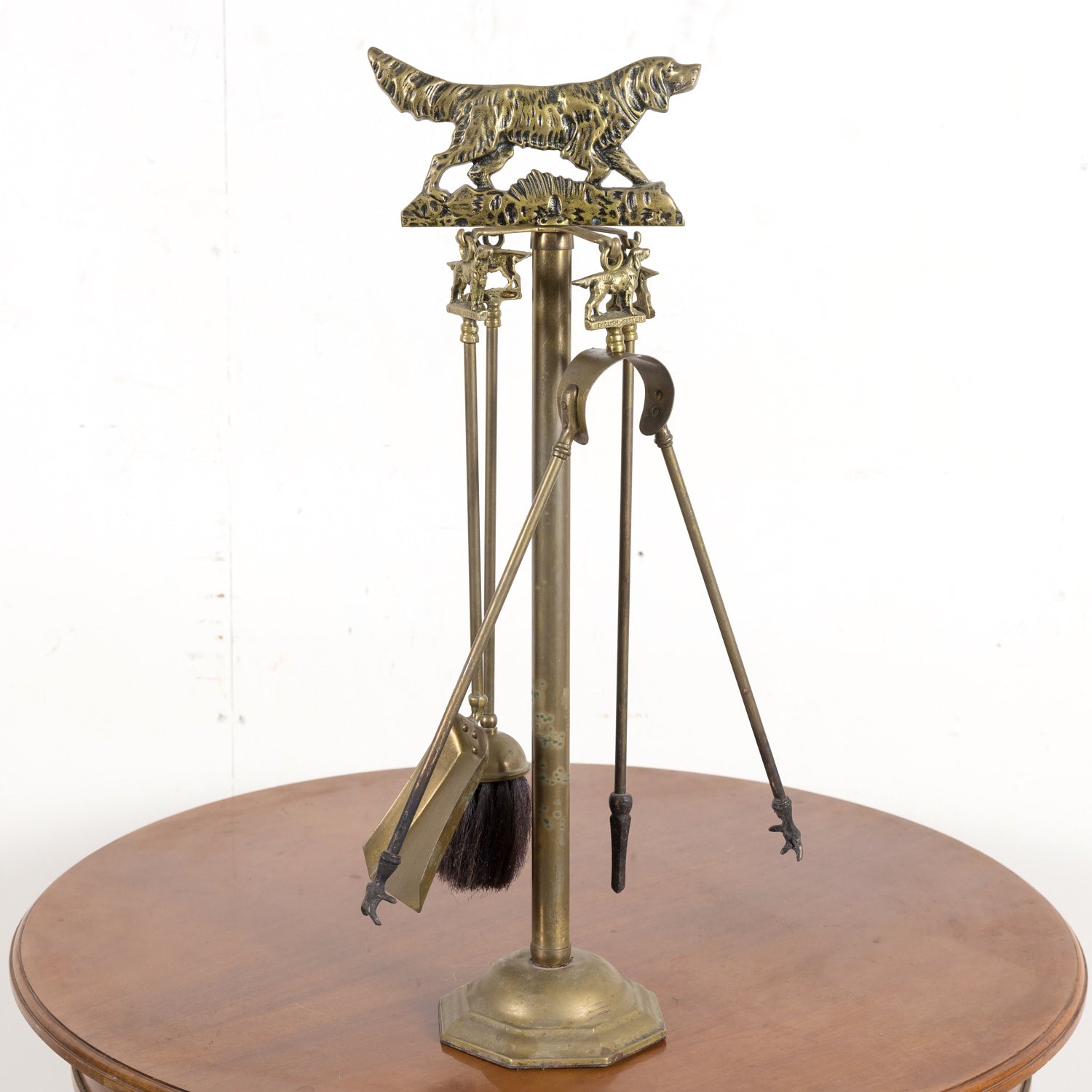 Antique French English Setter Hunting Dog Five Piece Fireplace Tool Set