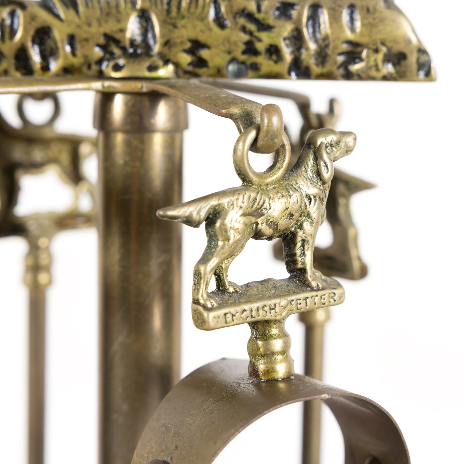 Antique French English Setter Hunting Dog Five Piece Fireplace Tool Set