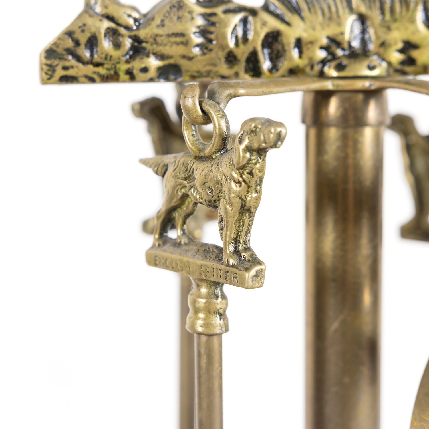 Antique French English Setter Hunting Dog Five Piece Fireplace Tool Set