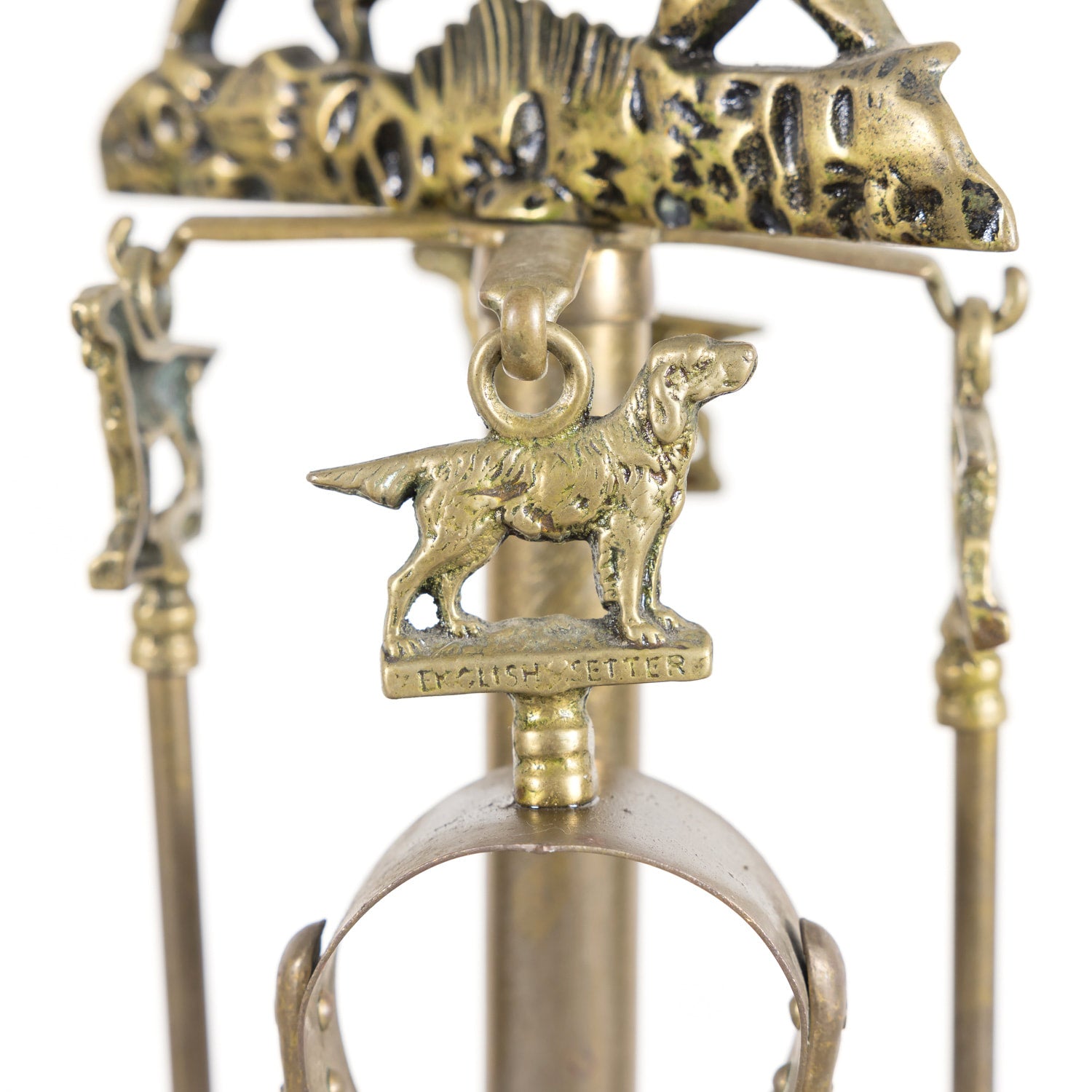 Antique French English Setter Hunting Dog Five Piece Fireplace Tool Set