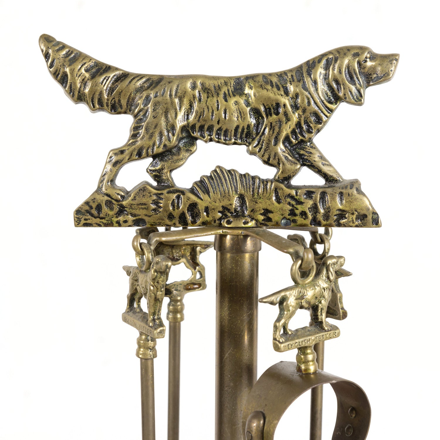 Antique French English Setter Hunting Dog Five Piece Fireplace Tool Set