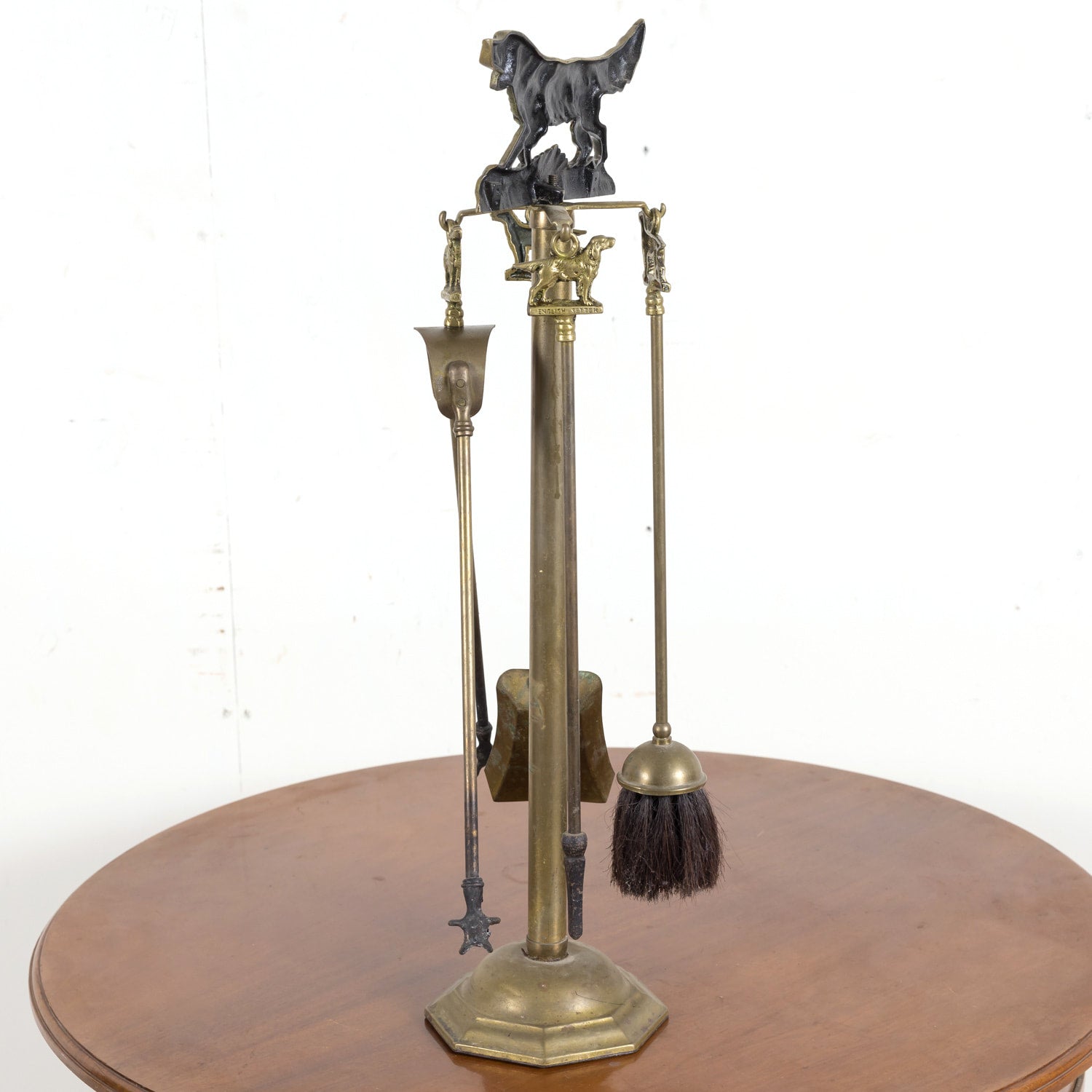 Antique French English Setter Hunting Dog Five Piece Fireplace Tool Set