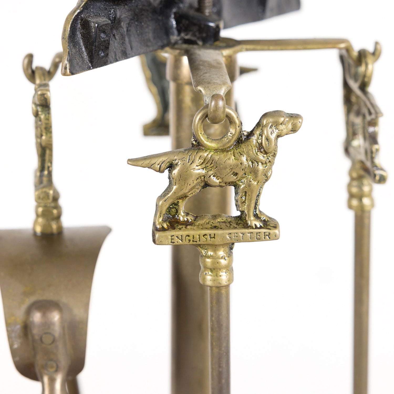 Antique French English Setter Hunting Dog Five Piece Fireplace Tool Set
