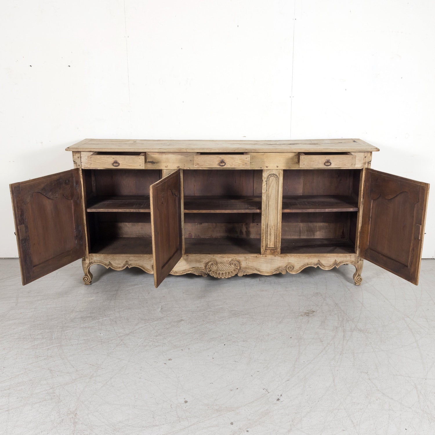 19th Century Carved French Country Louis XV Style Bleached Oak Enfilade Buffet