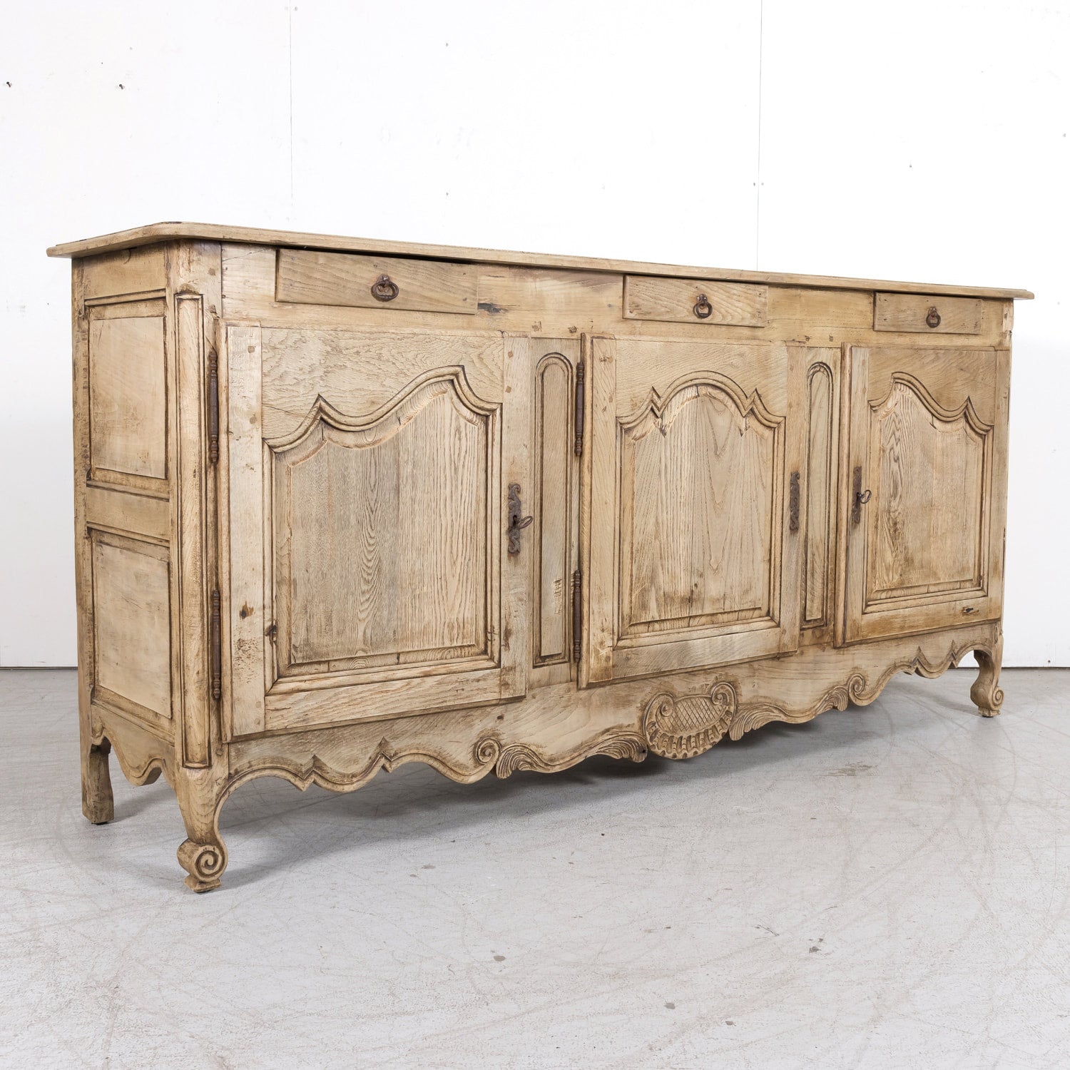 19th Century Carved French Country Louis XV Style Bleached Oak Enfilade Buffet