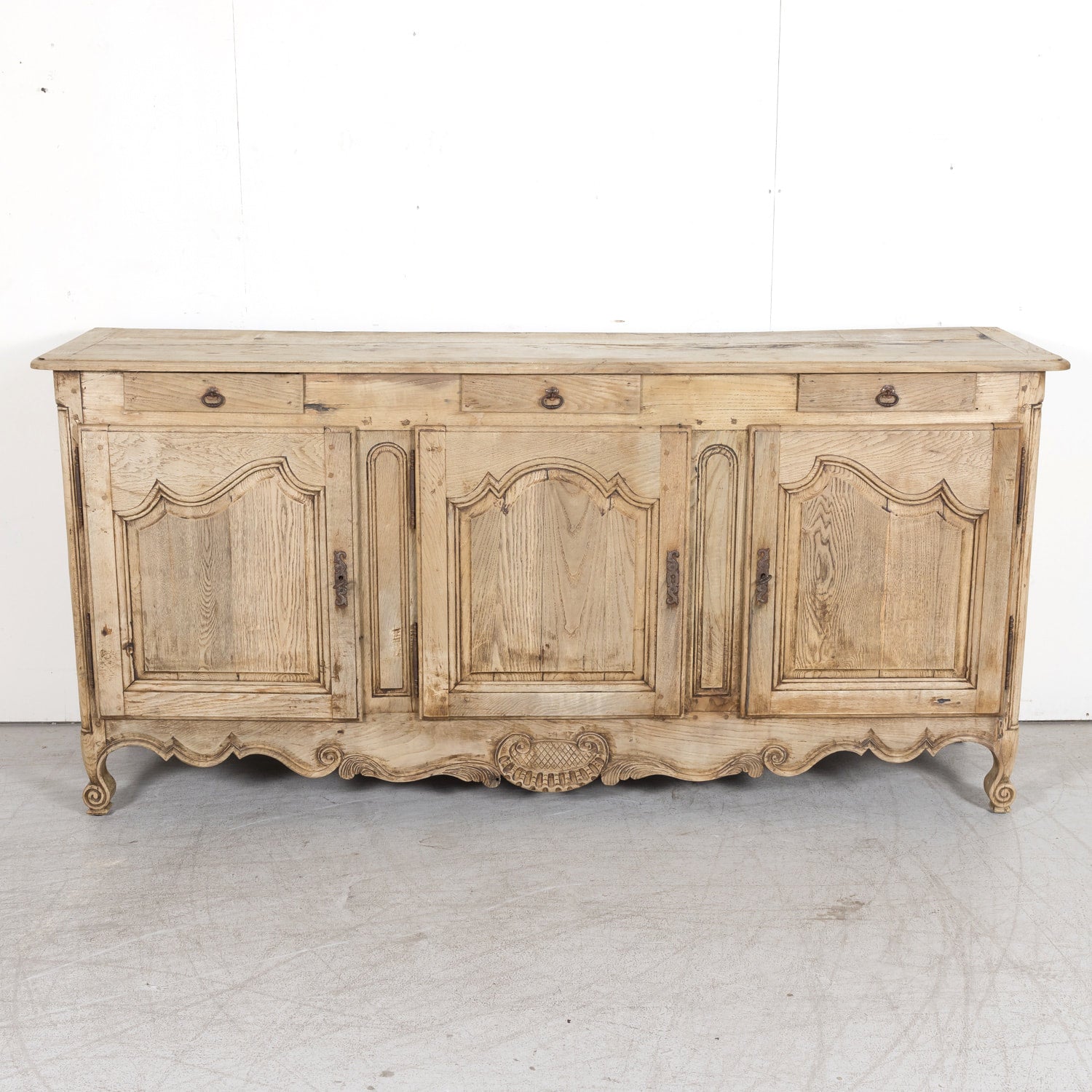 19th Century Carved French Country Louis XV Style Bleached Oak Enfilade Buffet