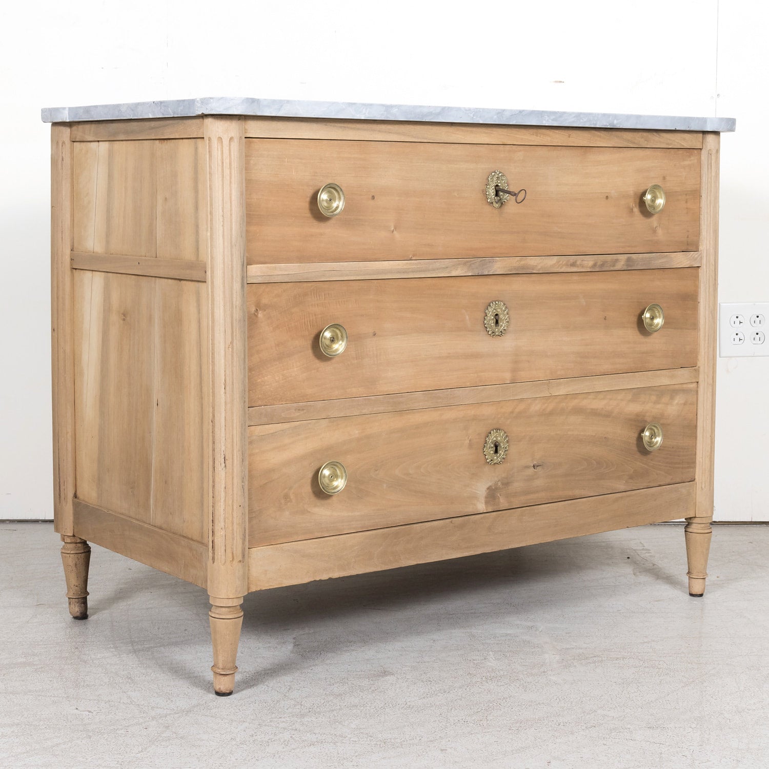 18th Century Louis XVI Period Bleached Three-Drawer Commode with Gray Marble Top