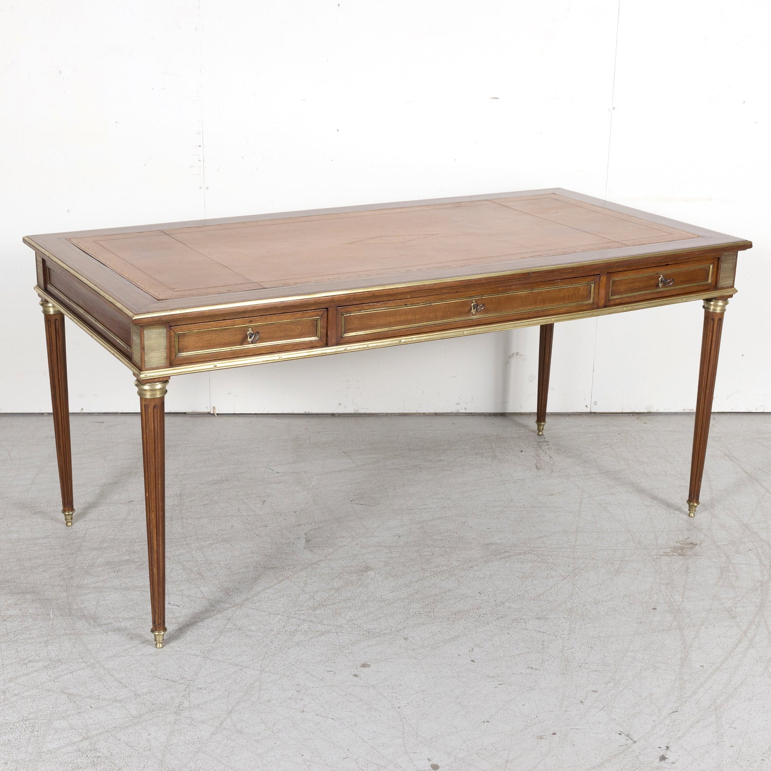 19th Century French Louis XVI Style Mahogany Bureau Plat or Desk with Ormolu Trim