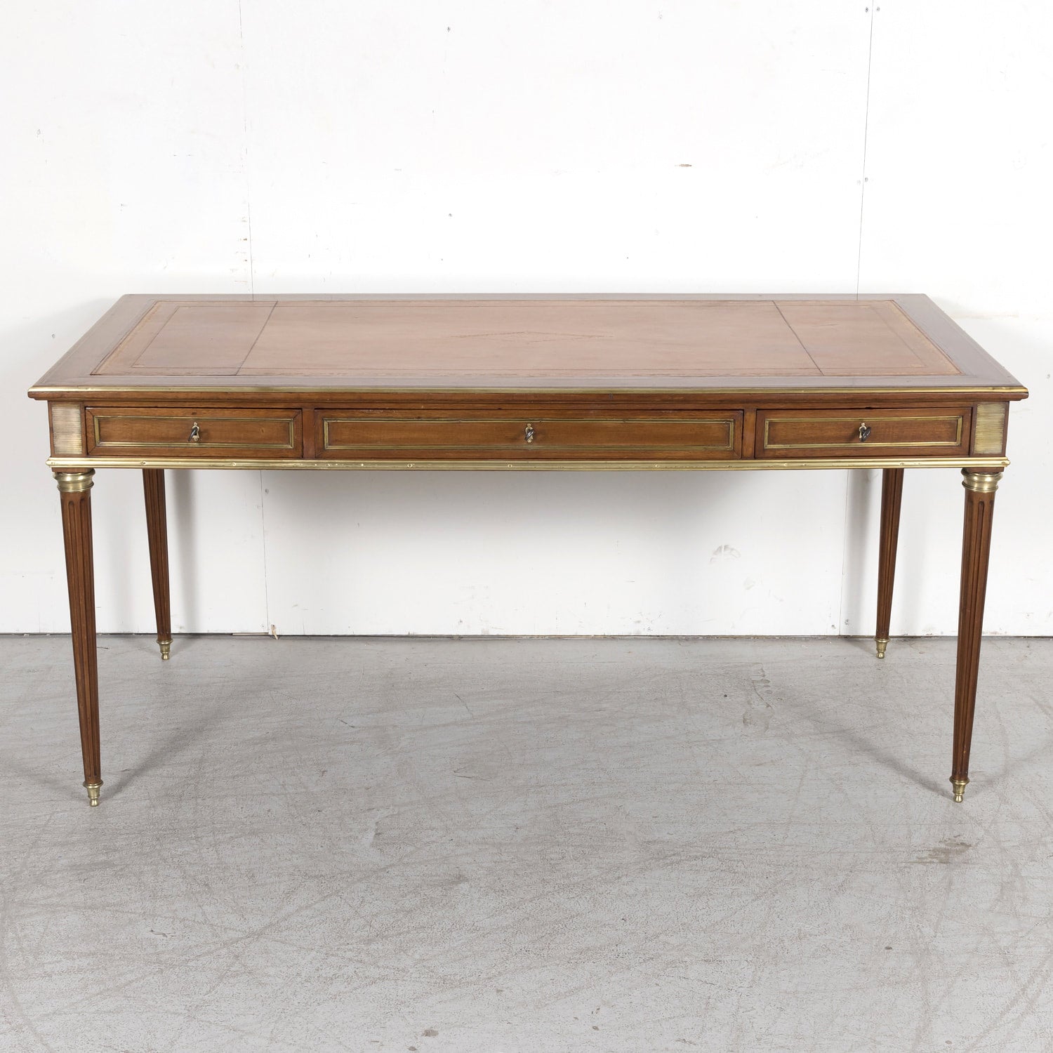 19th Century French Louis XVI Style Mahogany Bureau Plat or Desk with Ormolu Trim