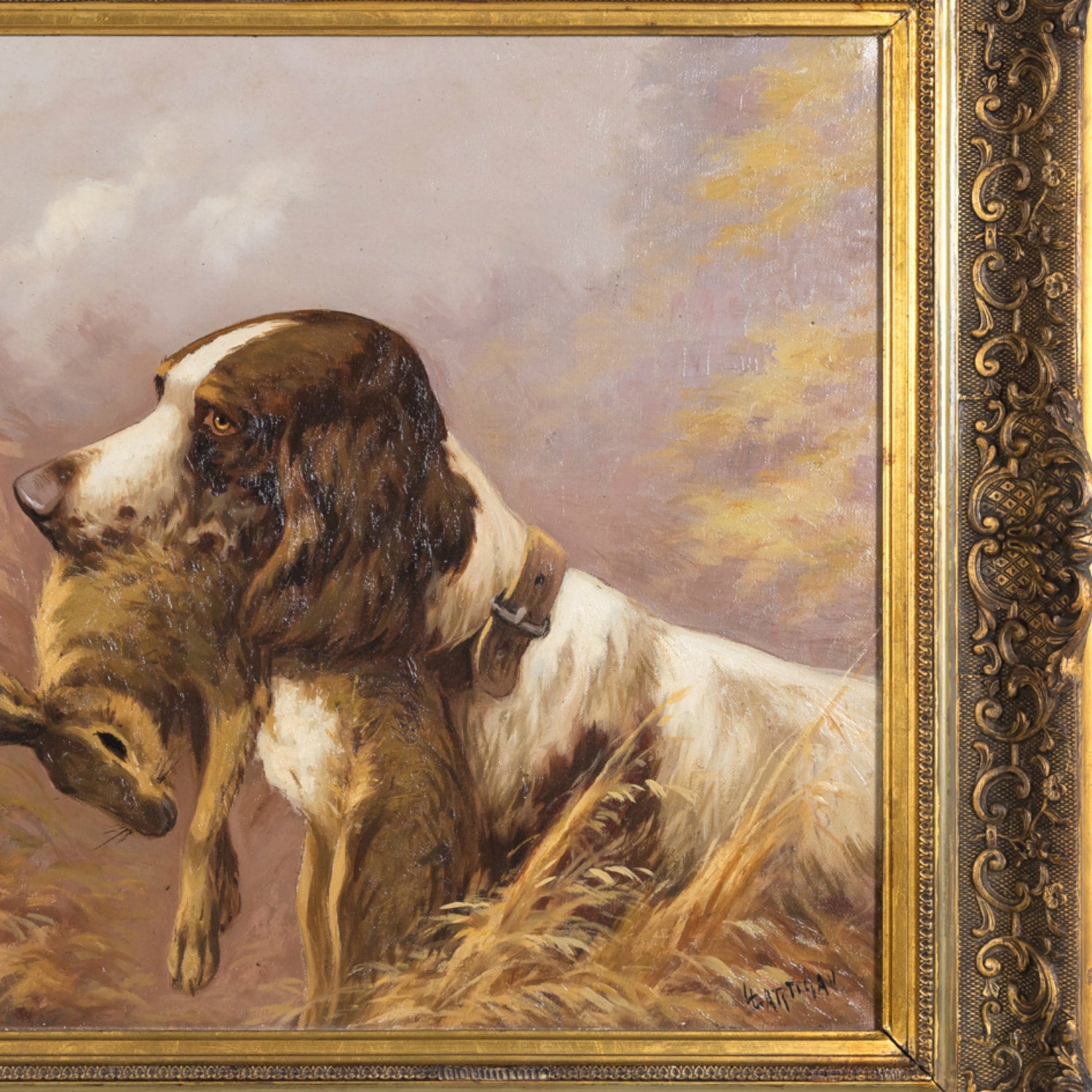 Pair of 19th Century French Framed Oil Hunting Dog Portraits, Signed Louis Lartigau