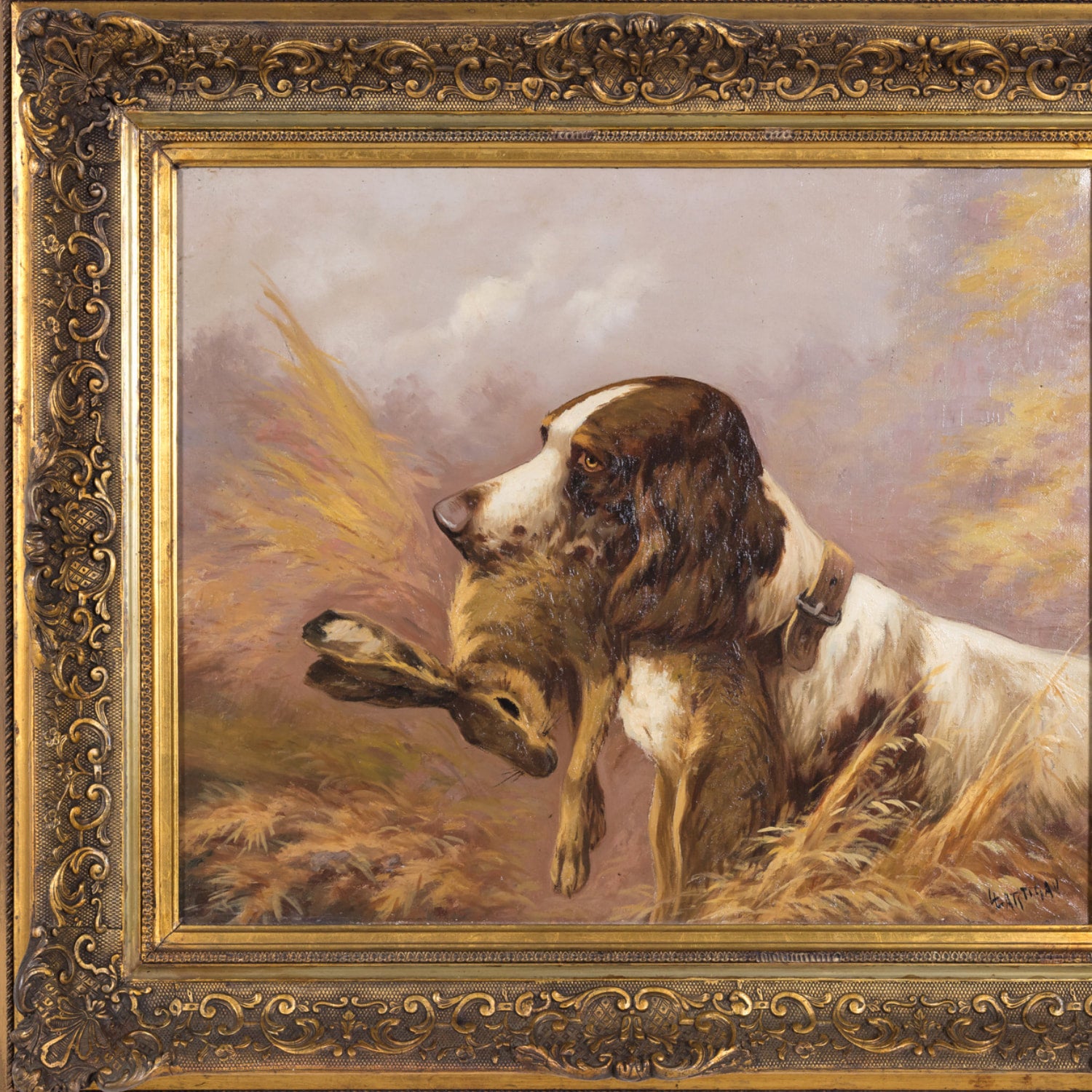 Pair of 19th Century French Framed Oil Hunting Dog Portraits, Signed Louis Lartigau