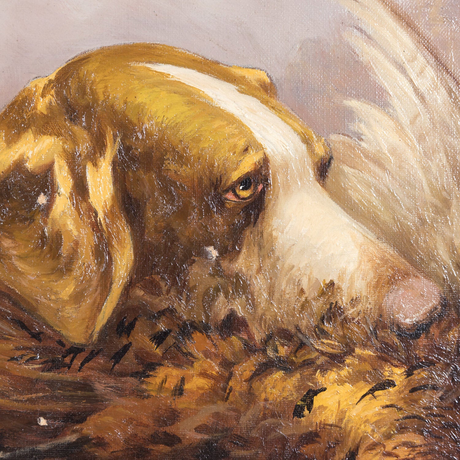 Pair of 19th Century French Framed Oil Hunting Dog Portraits, Signed Louis Lartigau