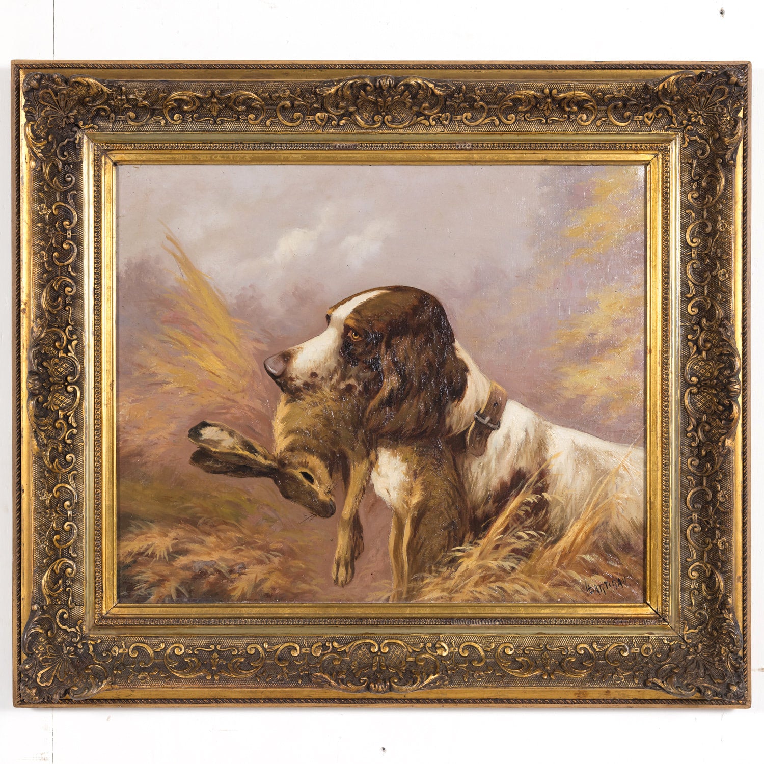 Pair of 19th Century French Framed Oil Hunting Dog Portraits, Signed Louis Lartigau