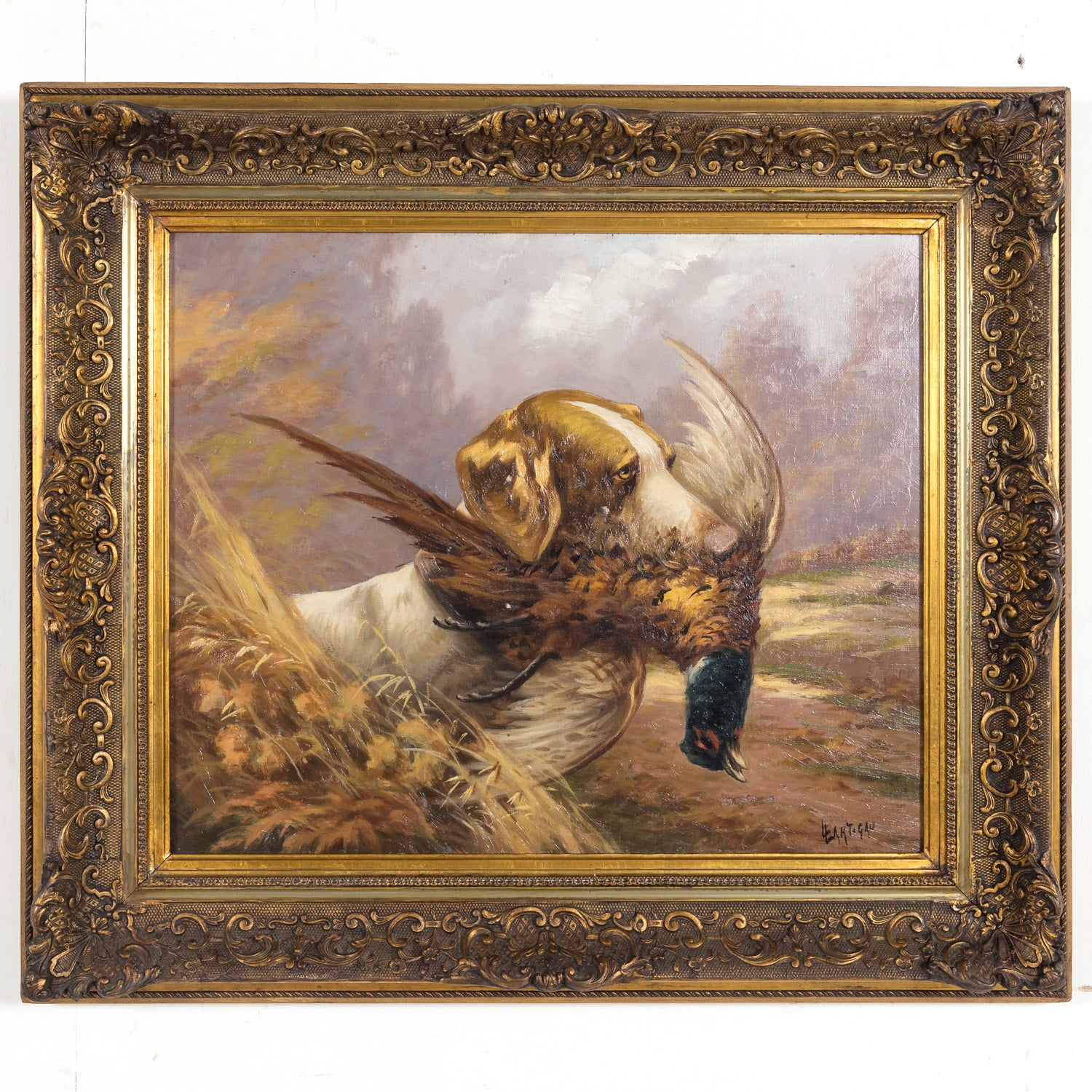 Pair of 19th Century French Framed Oil Hunting Dog Portraits, Signed Louis Lartigau