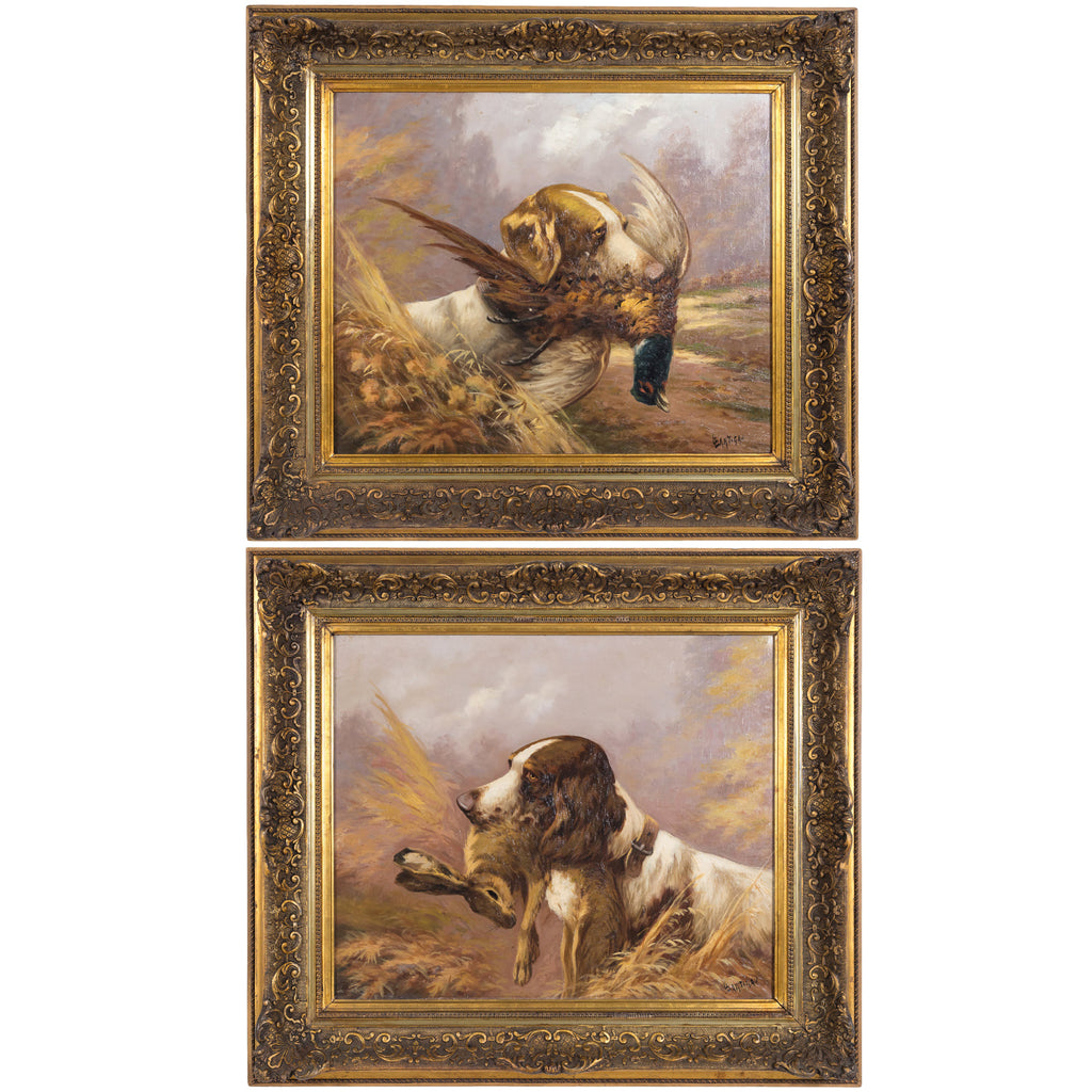 Pair of 19th Century French Framed Oil Hunting Dog Portraits, Signed Louis Lartigau