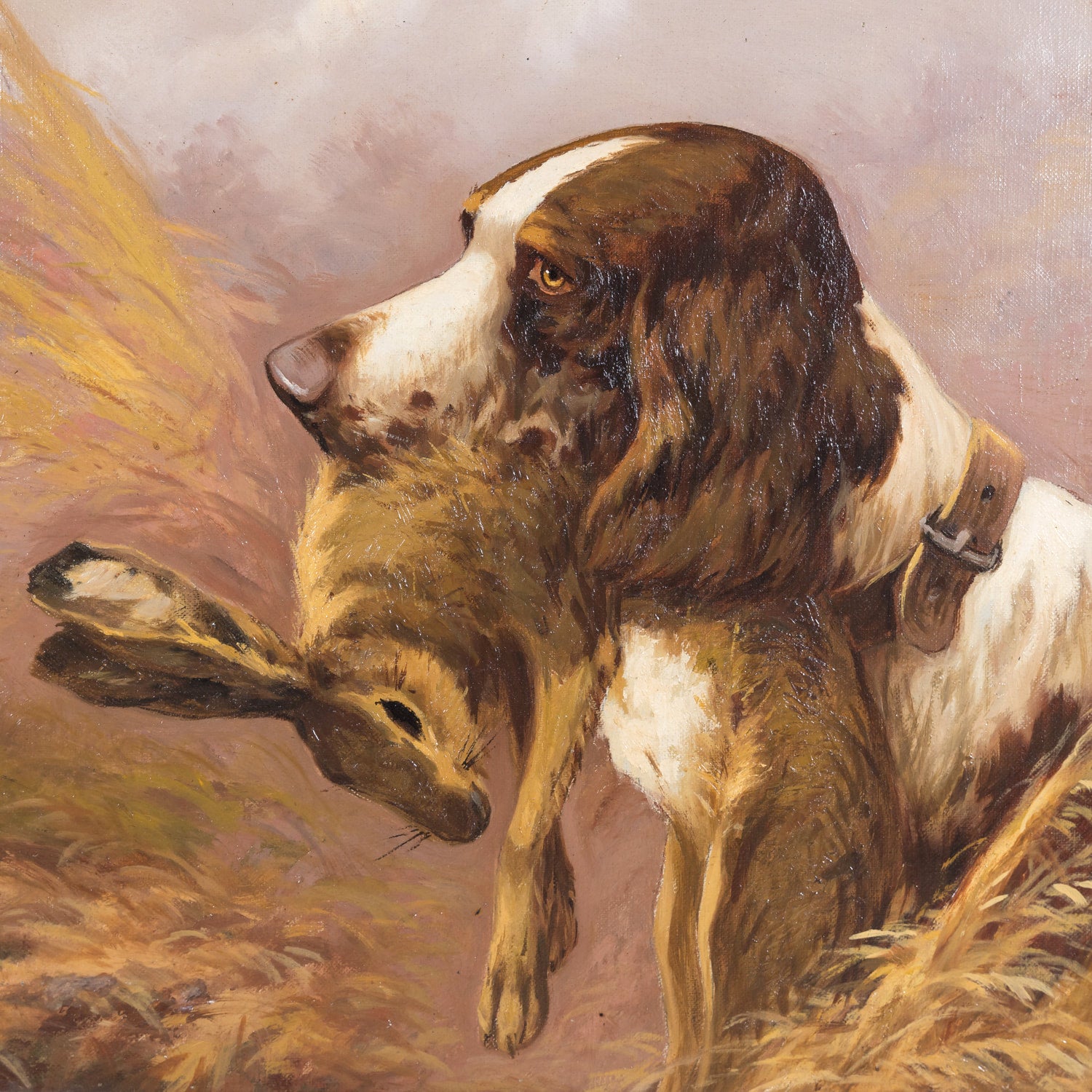 Pair of 19th Century French Framed Oil Hunting Dog Portraits, Signed Louis Lartigau