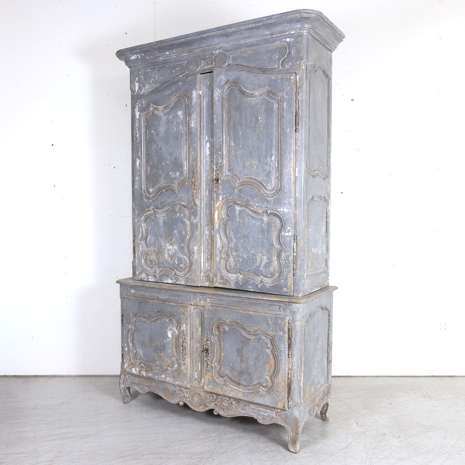 19th Century French Country Louis XV Style Painted Chateau Buffet Deux Corps