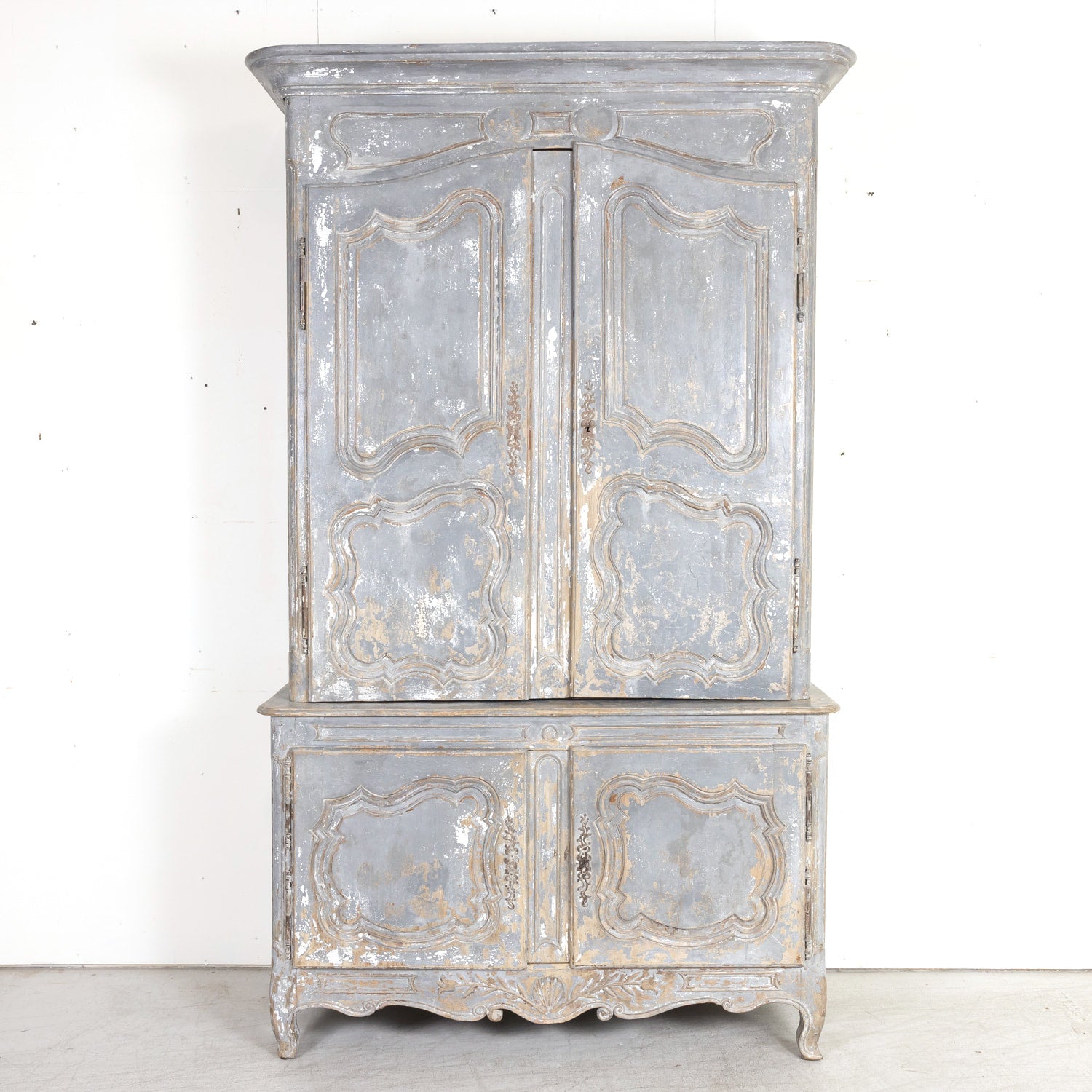 19th Century French Country Louis XV Style Painted Chateau Buffet Deux Corps