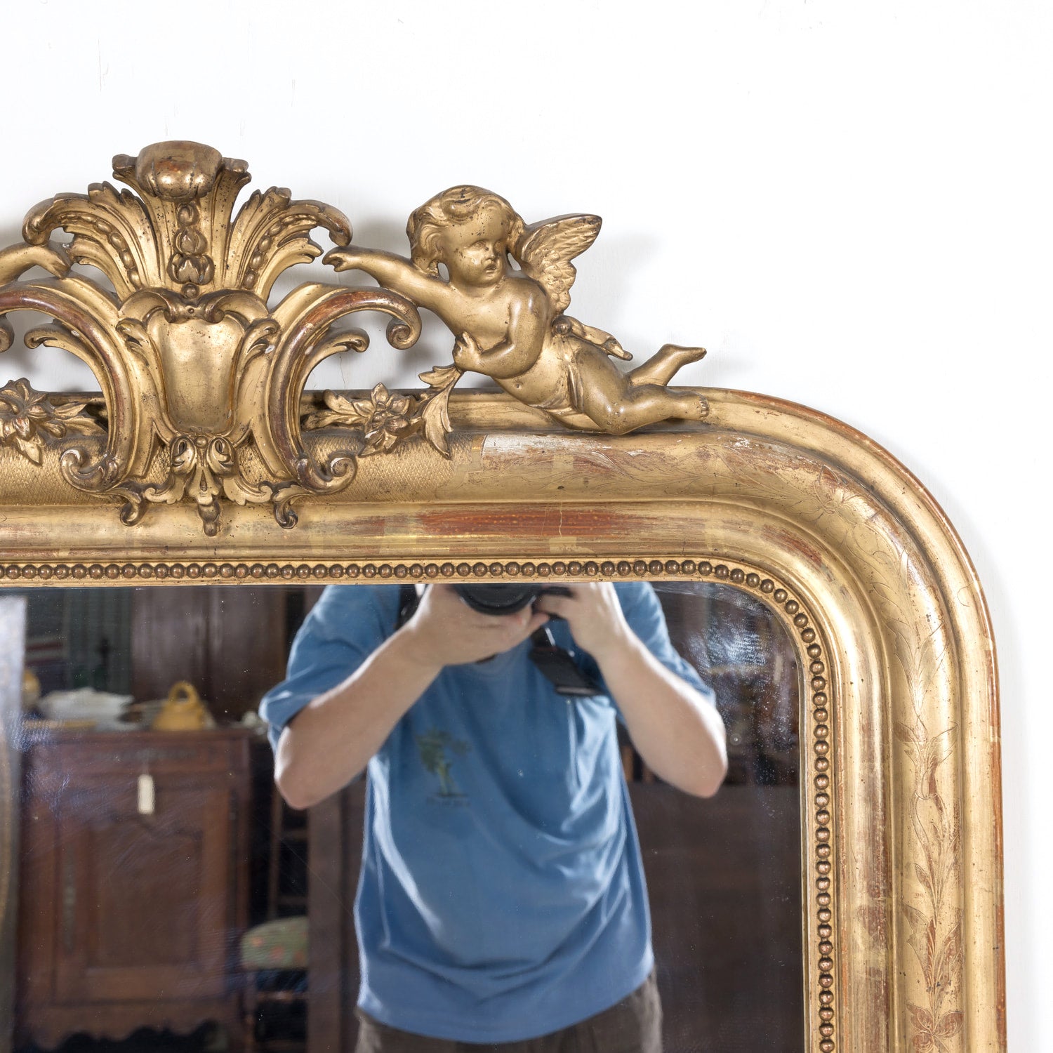 Large 19th Century French Louis Philippe Style Giltwood Mirror with Crest