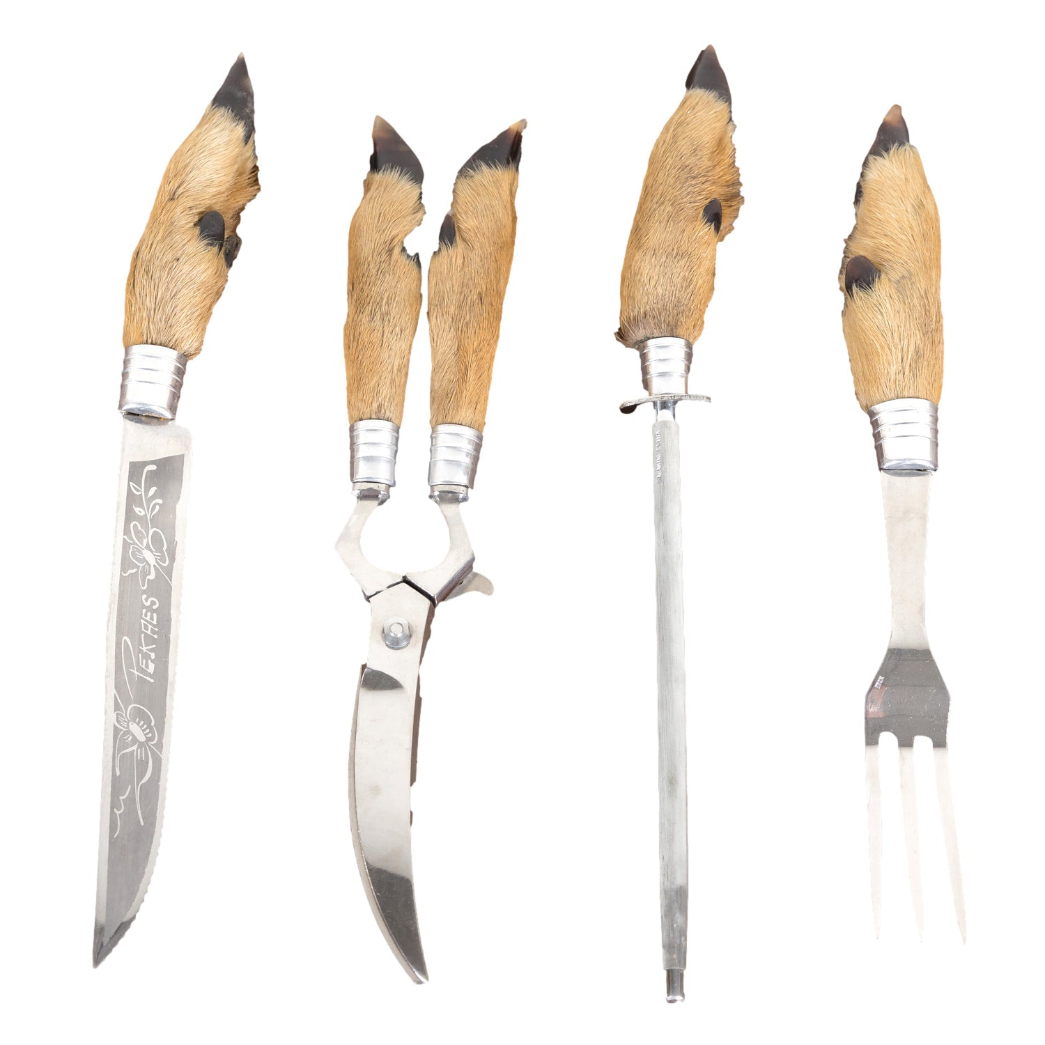 Vintage 4-Piece French Stainless Steel and Deer Hoof Carving Set