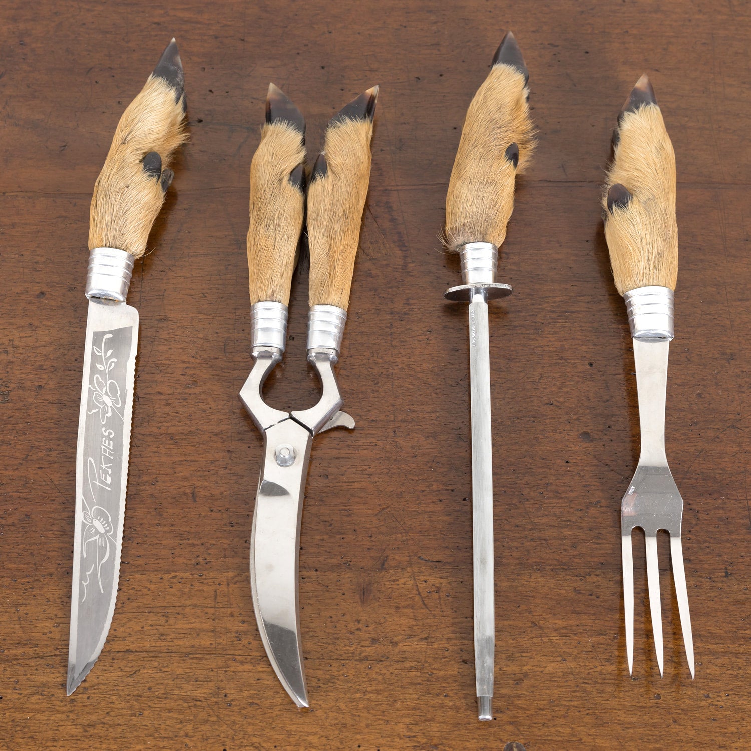 Vintage 4-Piece French Stainless Steel and Deer Hoof Carving Set