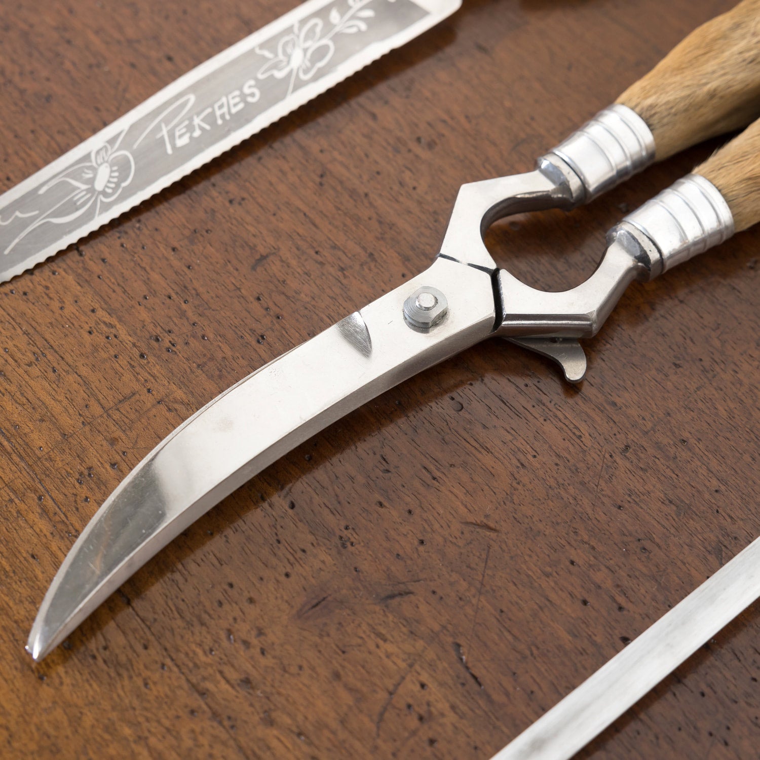 Vintage 4-Piece French Stainless Steel and Deer Hoof Carving Set