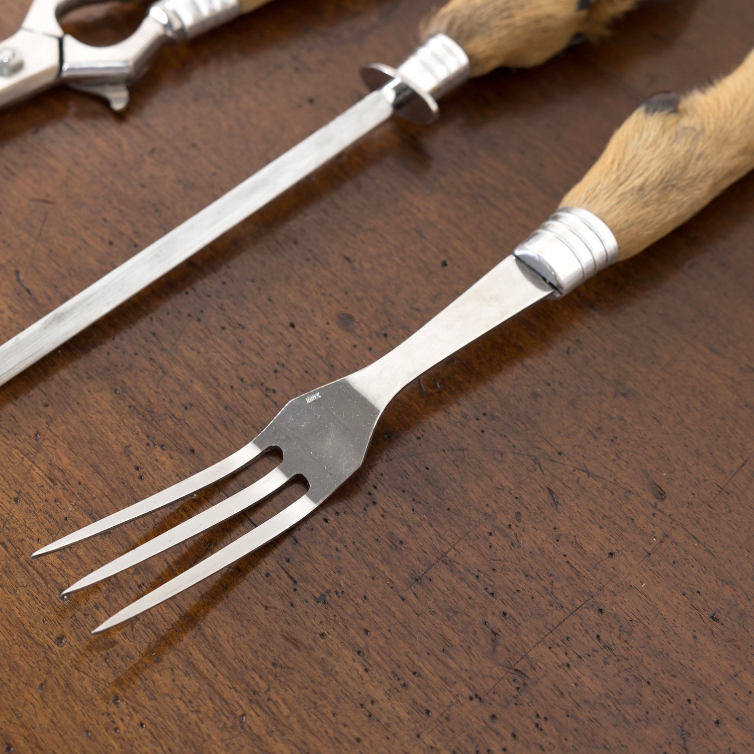 Vintage 4-Piece French Stainless Steel and Deer Hoof Carving Set