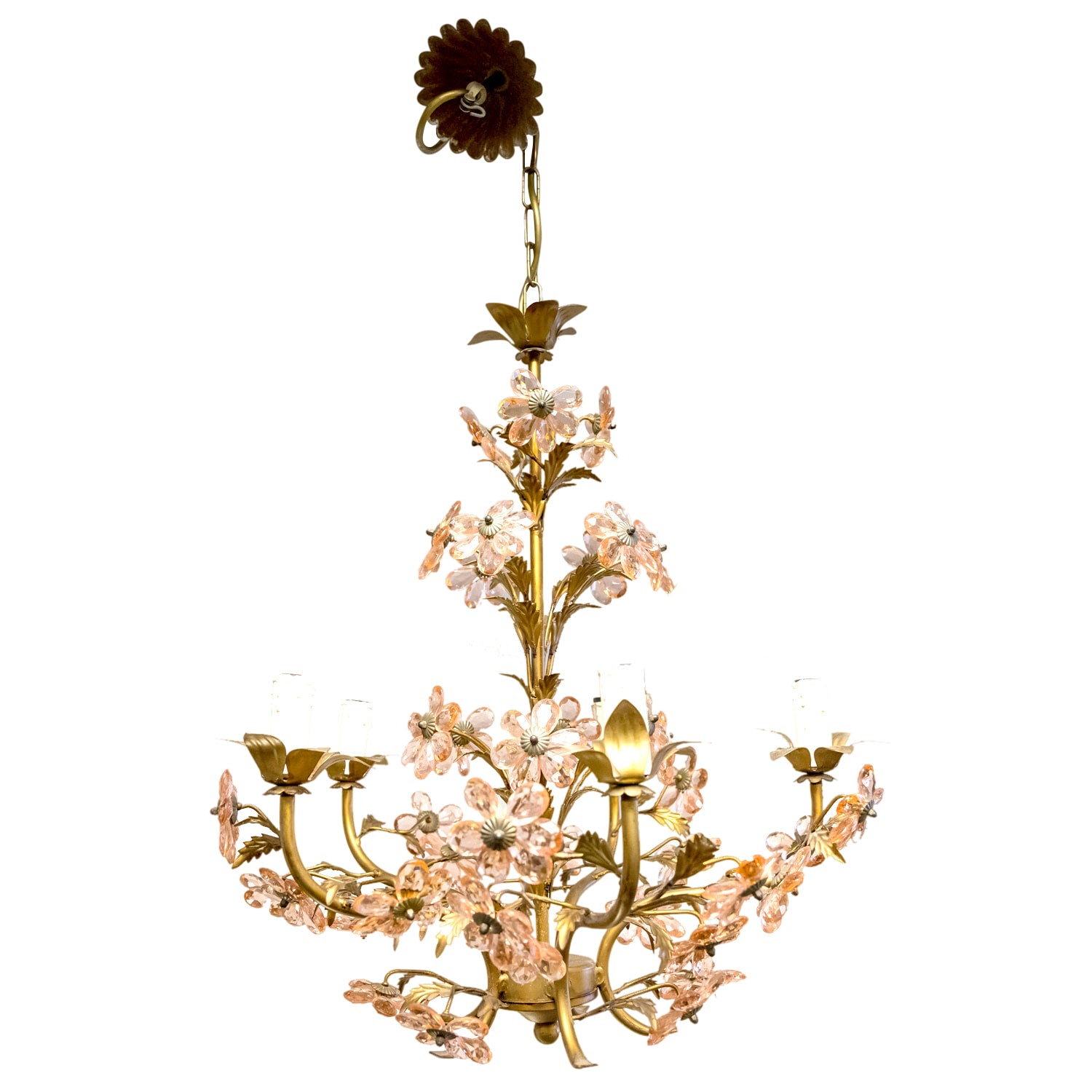 French Louis XV Style 5-Light Gilt Iron and Crystal Flower Maison Bagues Chandelier