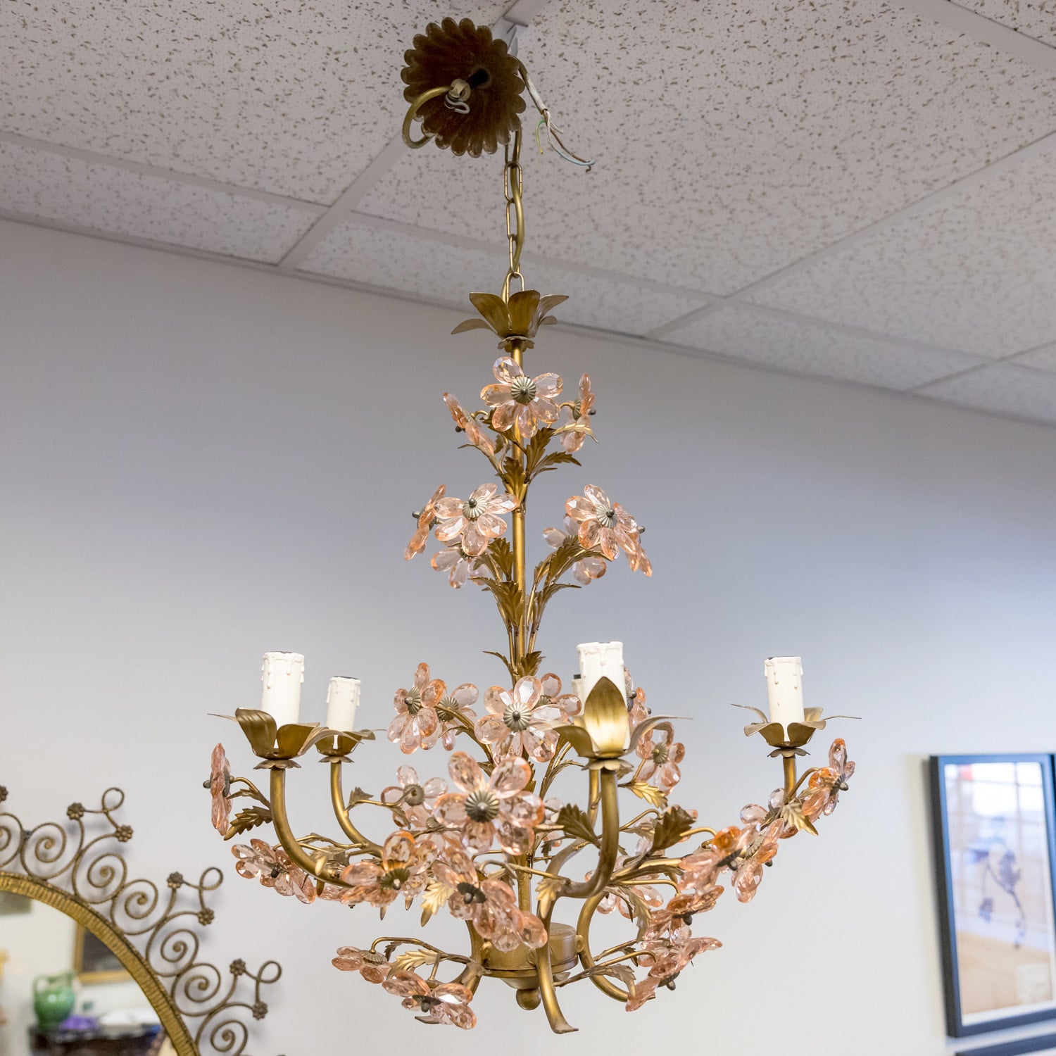 French Louis XV Style 5-Light Gilt Iron and Crystal Flower Maison Bagues Chandelier
