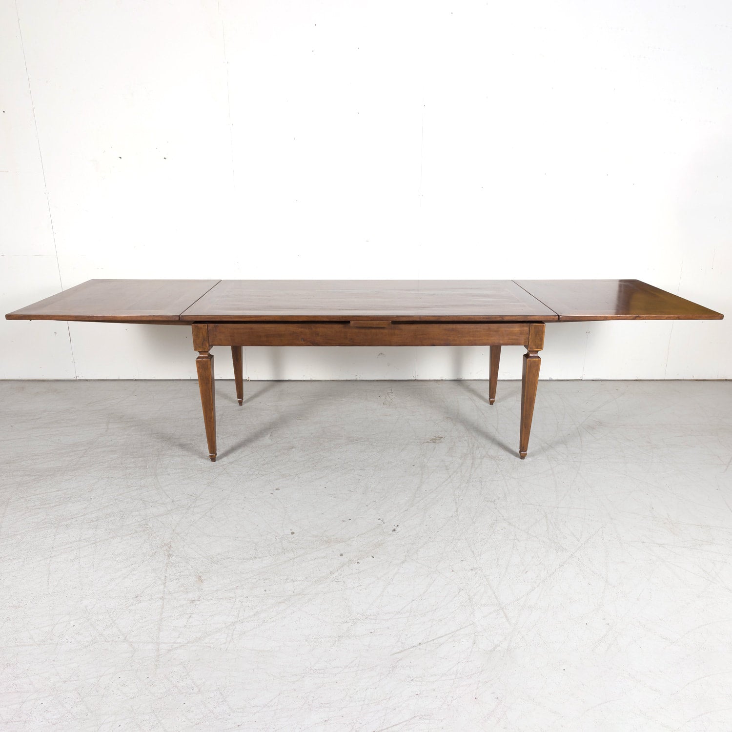 19th Century French Louis XVI Style Walnut Draw Leaf or Refectory Dining Table with Light Walnut Parquetry Bands