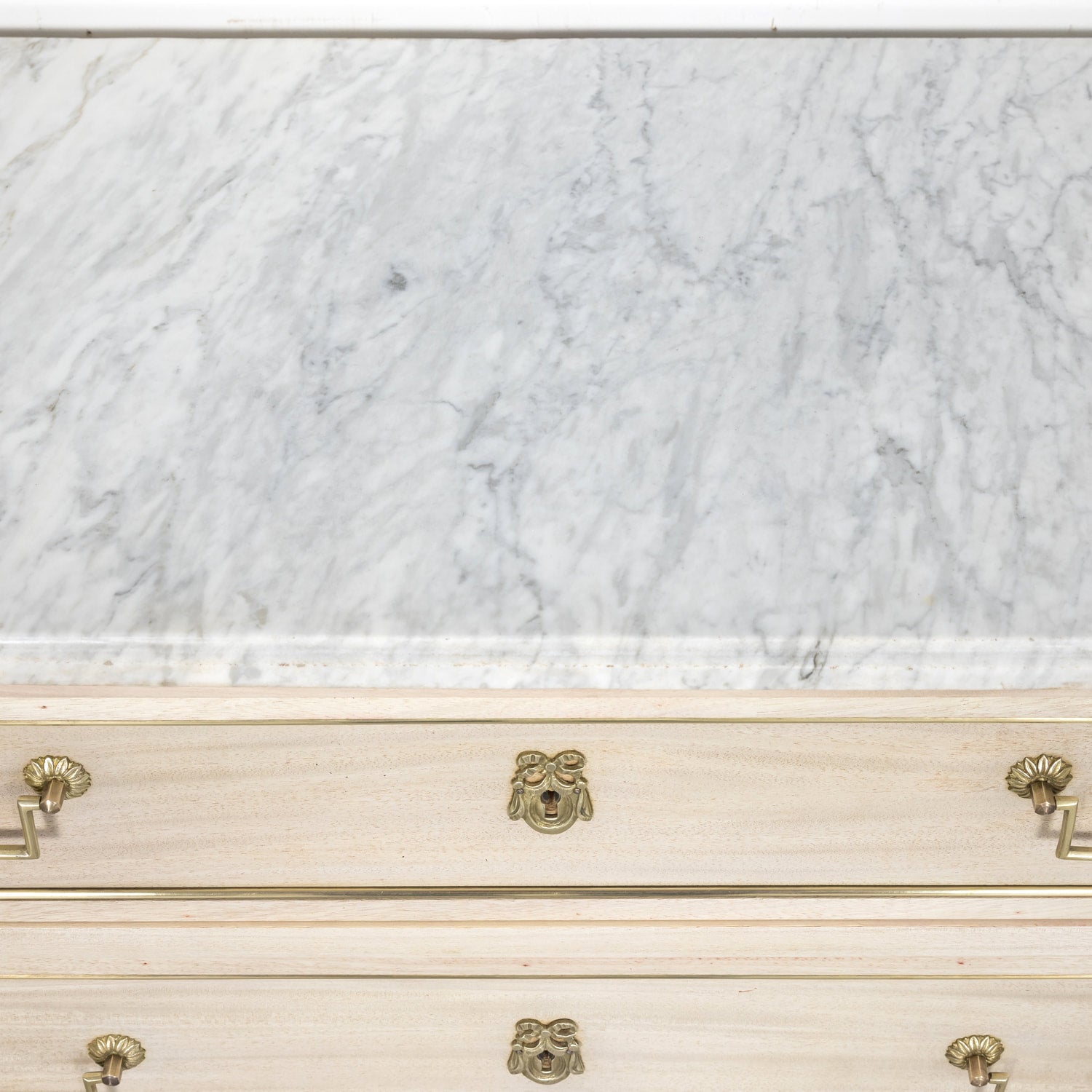 Antique French Louis XVI Style Bleached Mahogany Three Drawer Commode with Carrara Marble Top