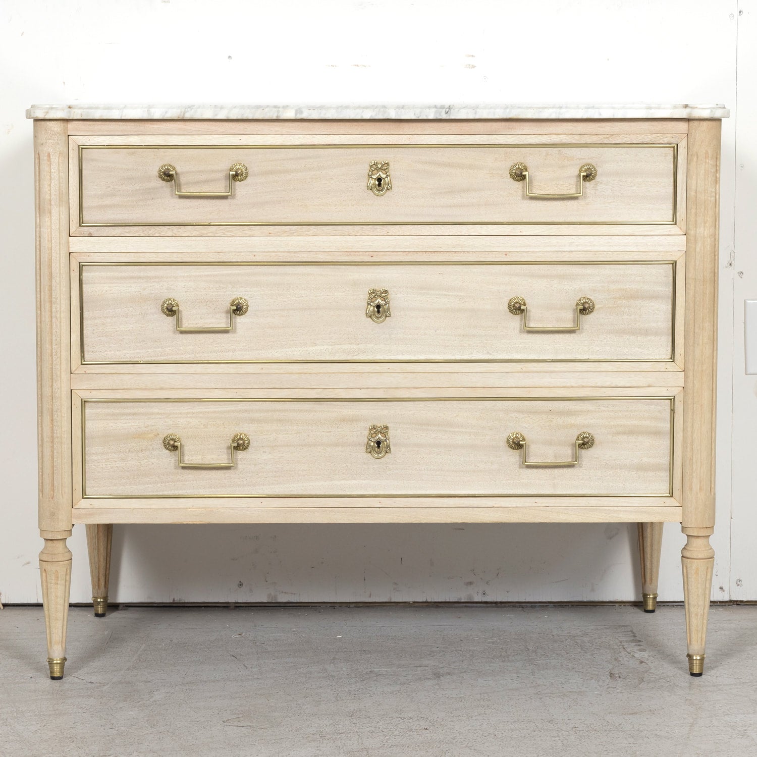 Antique French Louis XVI Style Bleached Mahogany Three Drawer Commode with Carrara Marble Top