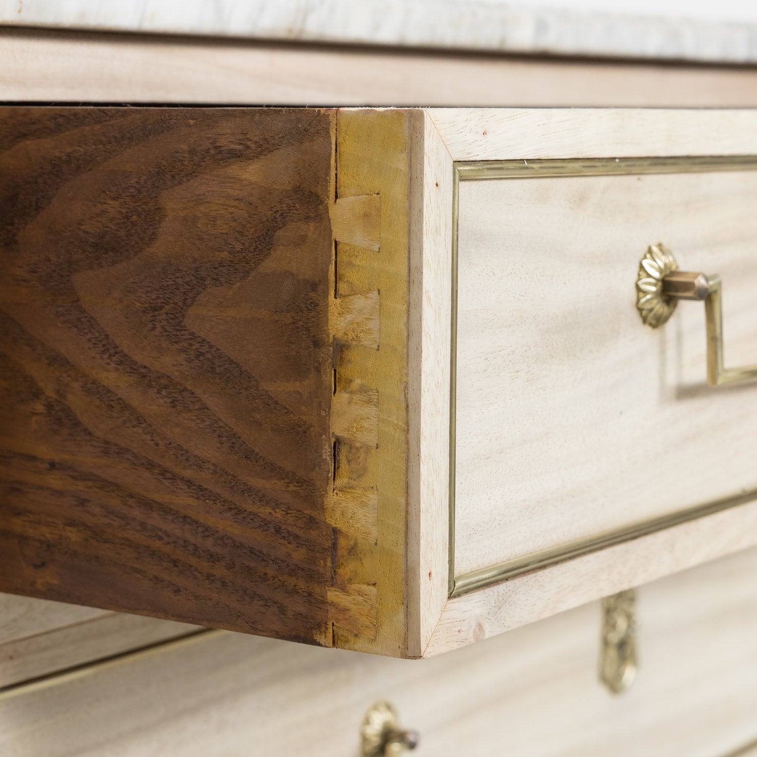 Antique French Louis XVI Style Bleached Mahogany Three Drawer Commode with Carrara Marble Top