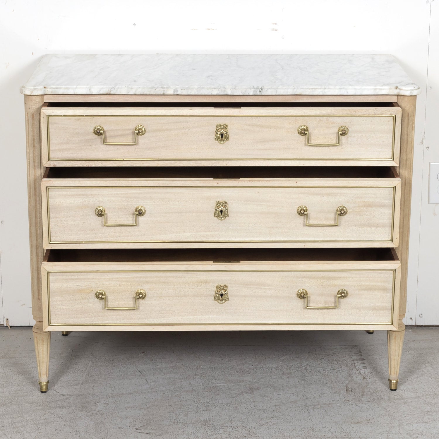 Antique French Louis XVI Style Bleached Mahogany Three Drawer Commode with Carrara Marble Top