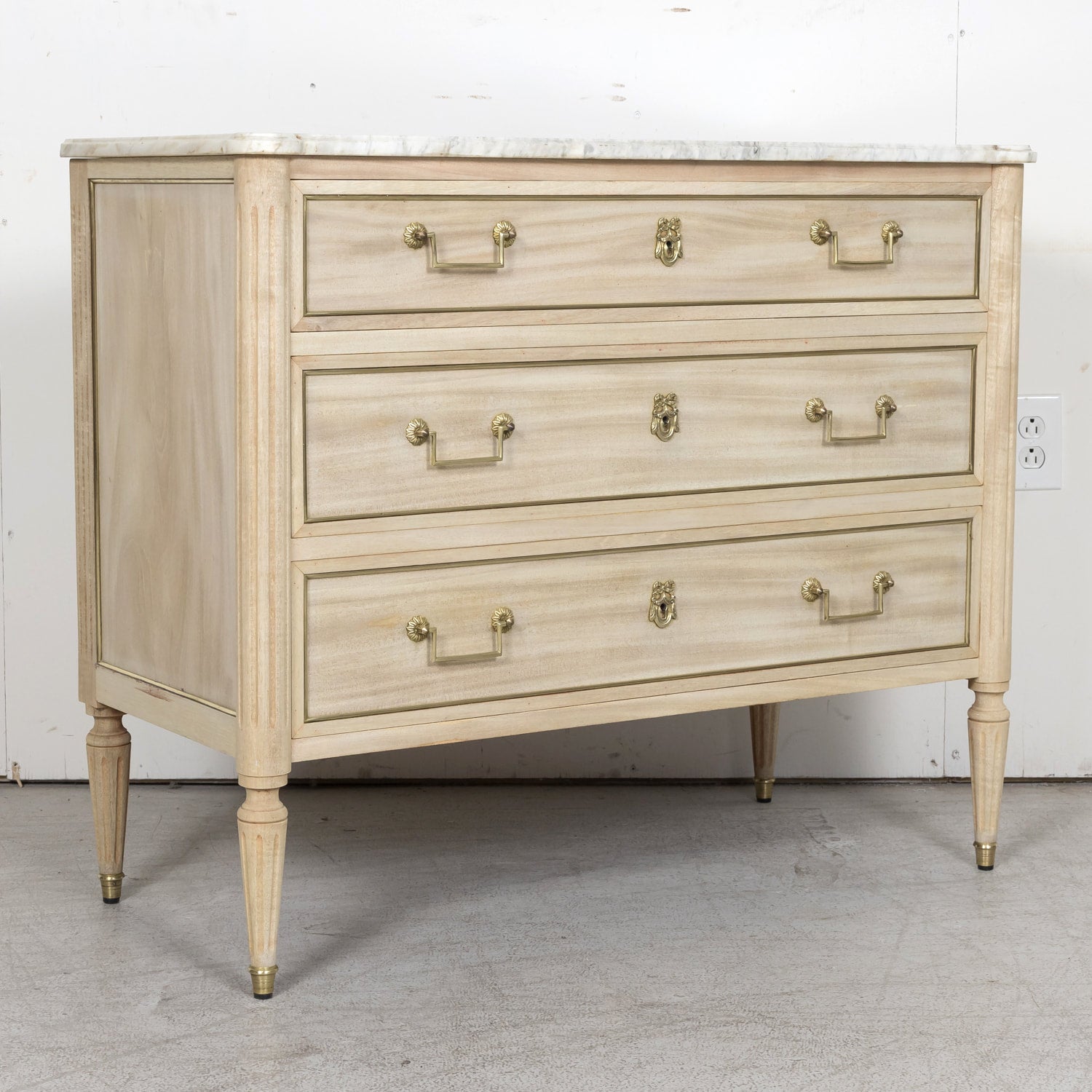 Antique French Louis XVI Style Bleached Mahogany Three Drawer Commode with Carrara Marble Top