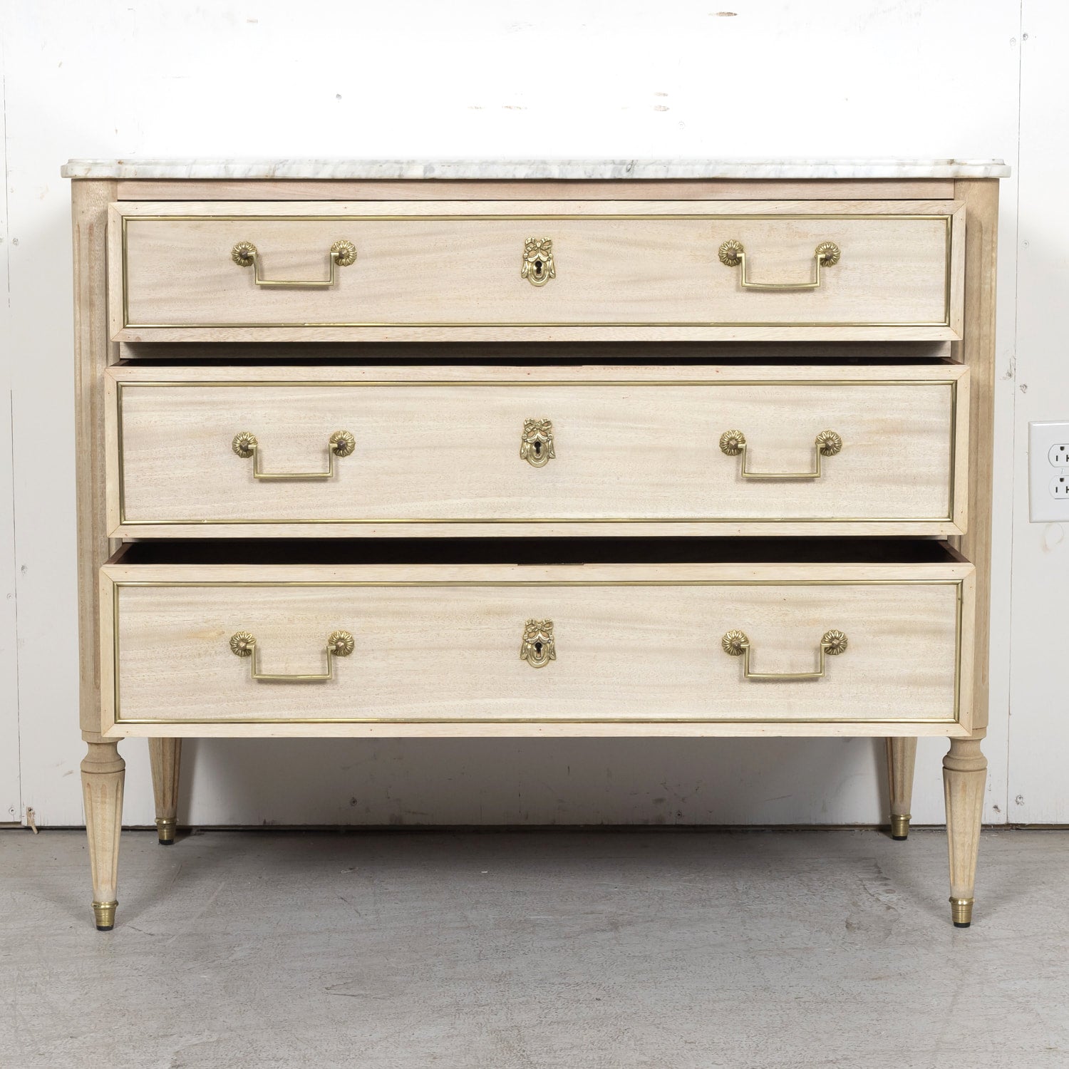 Antique French Louis XVI Style Bleached Mahogany Three Drawer Commode with Carrara Marble Top