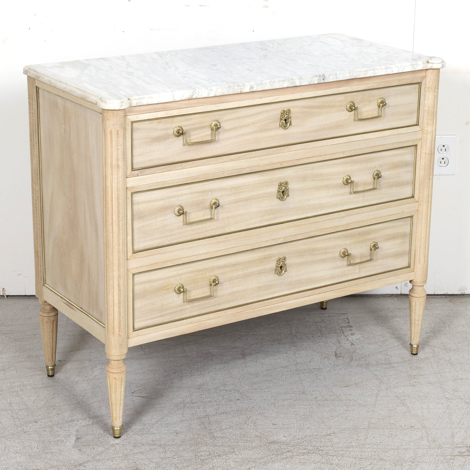 Antique French Louis XVI Style Bleached Mahogany Three Drawer Commode with Carrara Marble Top