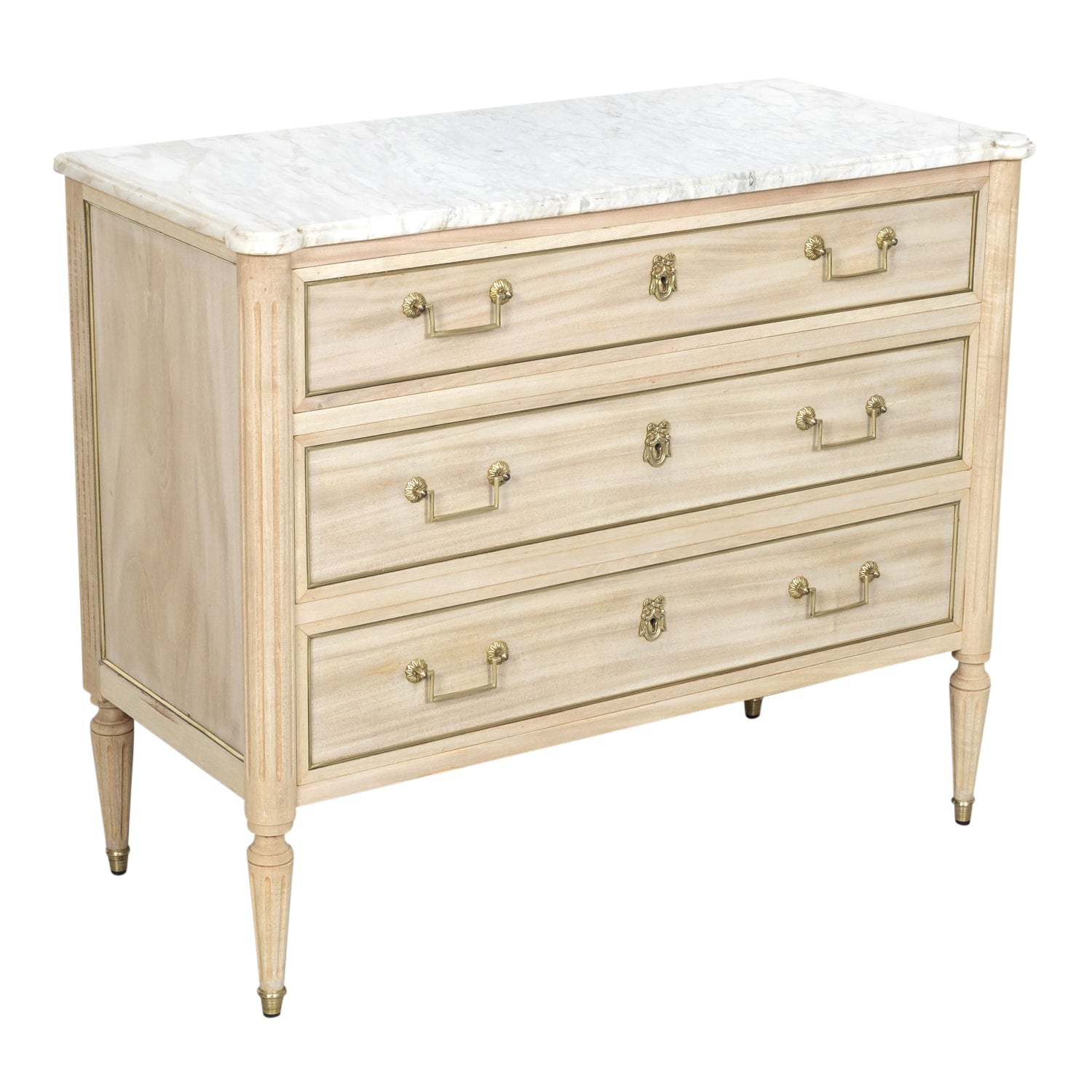 Antique French Louis XVI Style Bleached Mahogany Three Drawer Commode with Carrara Marble Top