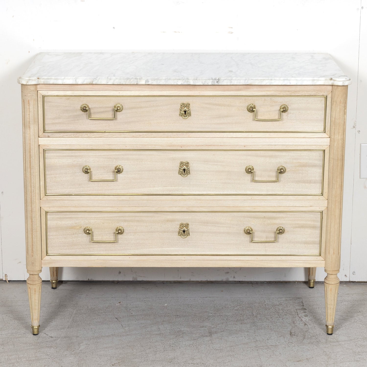 Antique French Louis XVI Style Bleached Mahogany Three Drawer Commode with Carrara Marble Top
