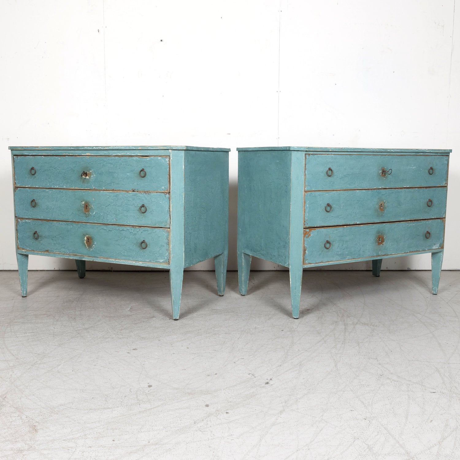 Pair of Late 19th Century French Louis XVI Style Aqua or Teal Painted Three-Drawer Commodes
