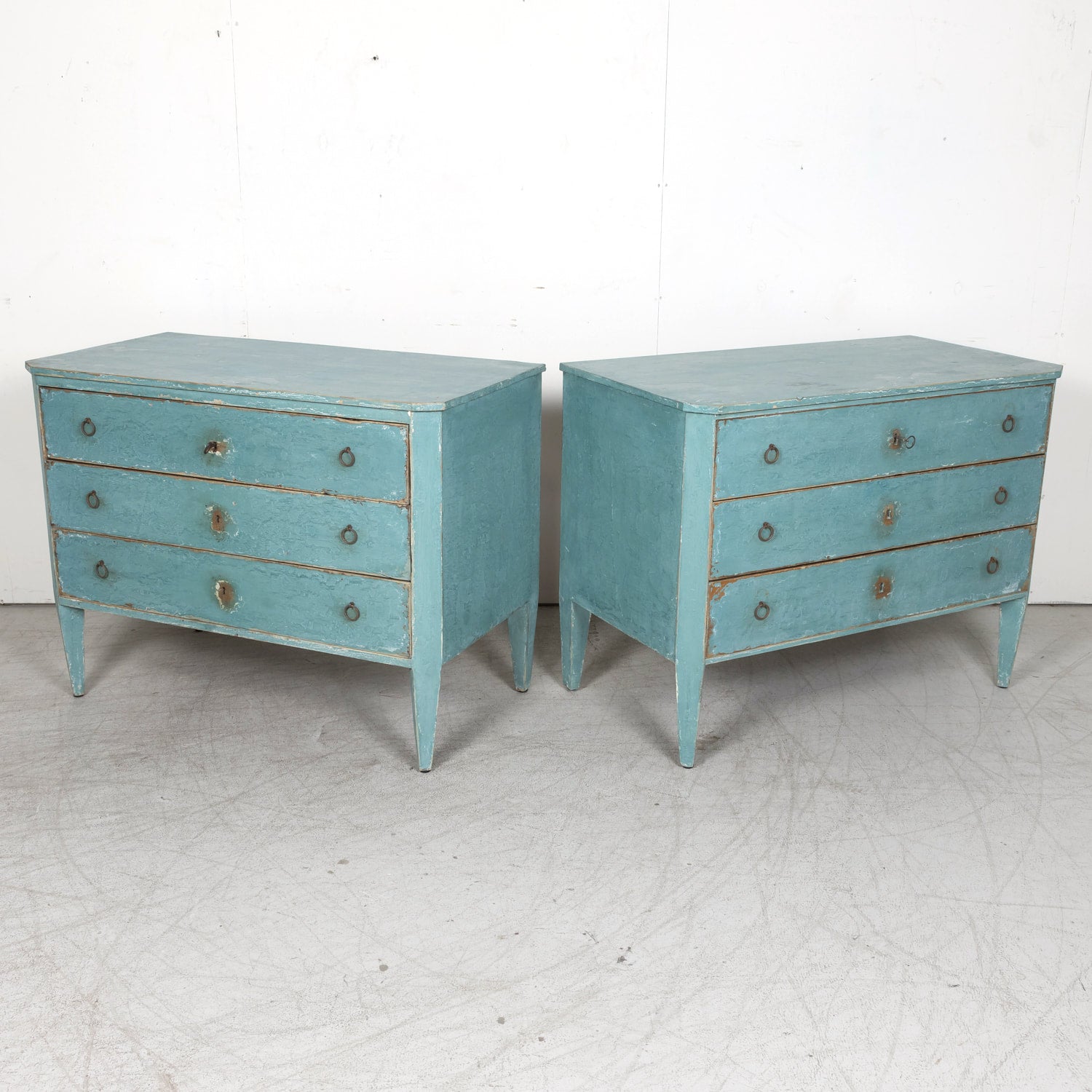 Pair of Late 19th Century French Louis XVI Style Aqua or Teal Painted Three-Drawer Commodes