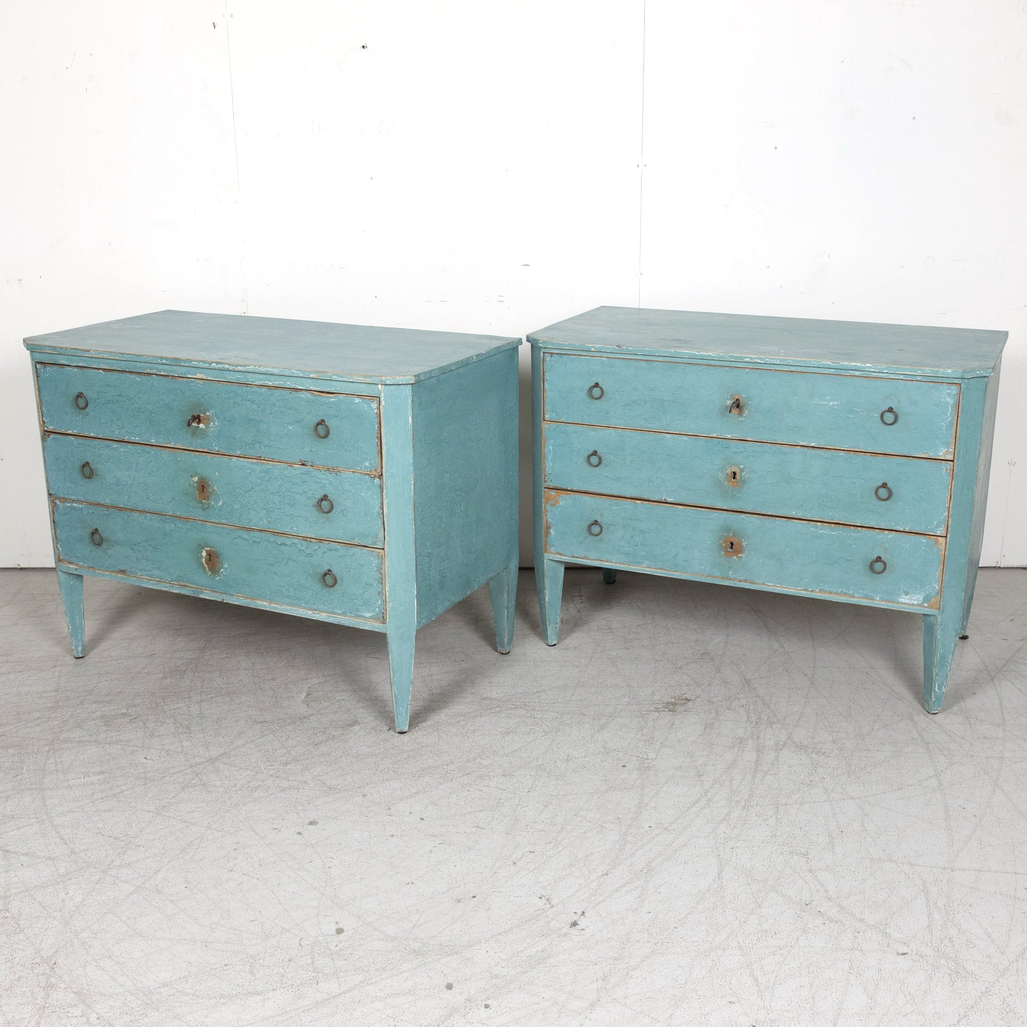 Pair of Late 19th Century French Louis XVI Style Aqua or Teal Painted Three-Drawer Commodes