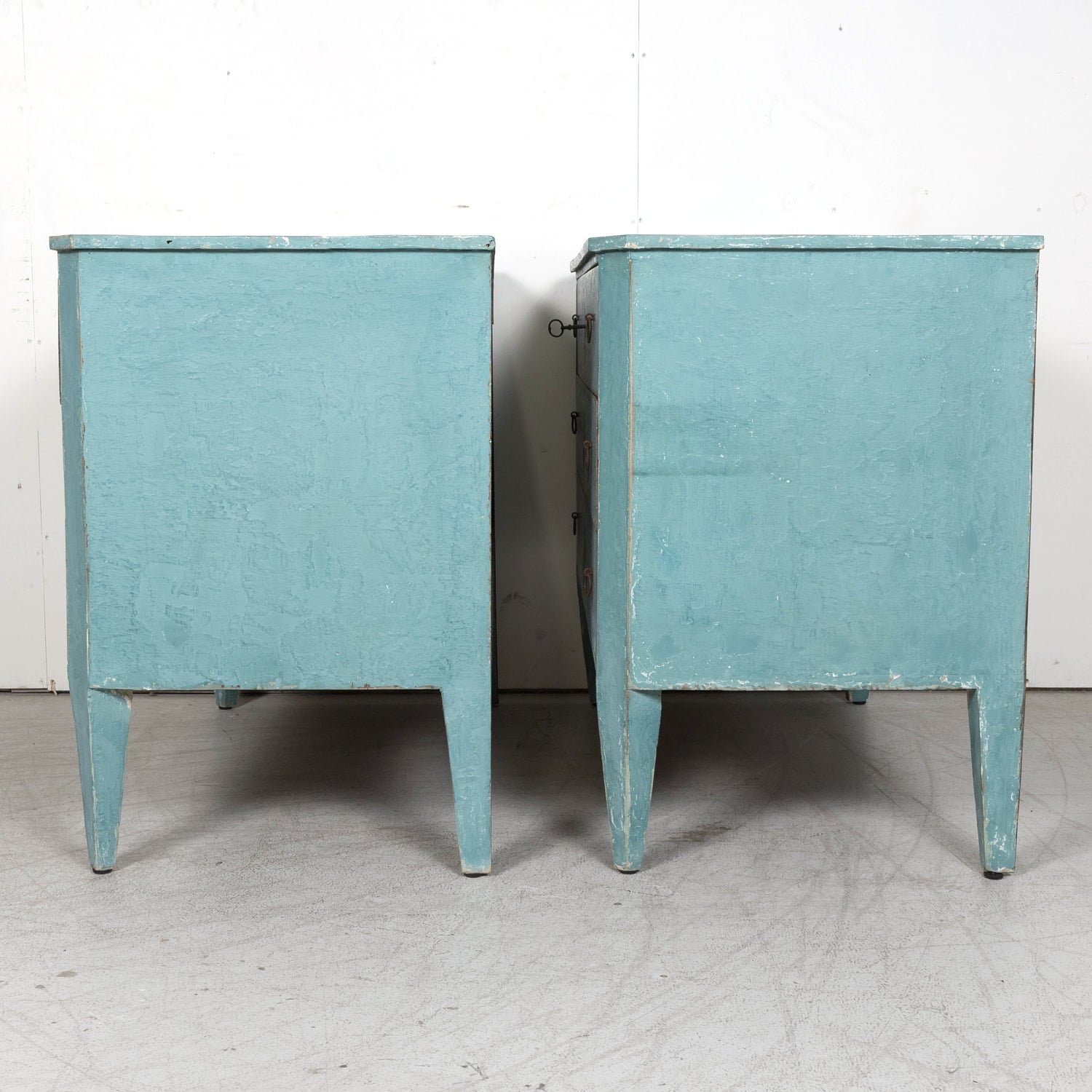 Pair of Late 19th Century French Louis XVI Style Aqua or Teal Painted Three-Drawer Commodes