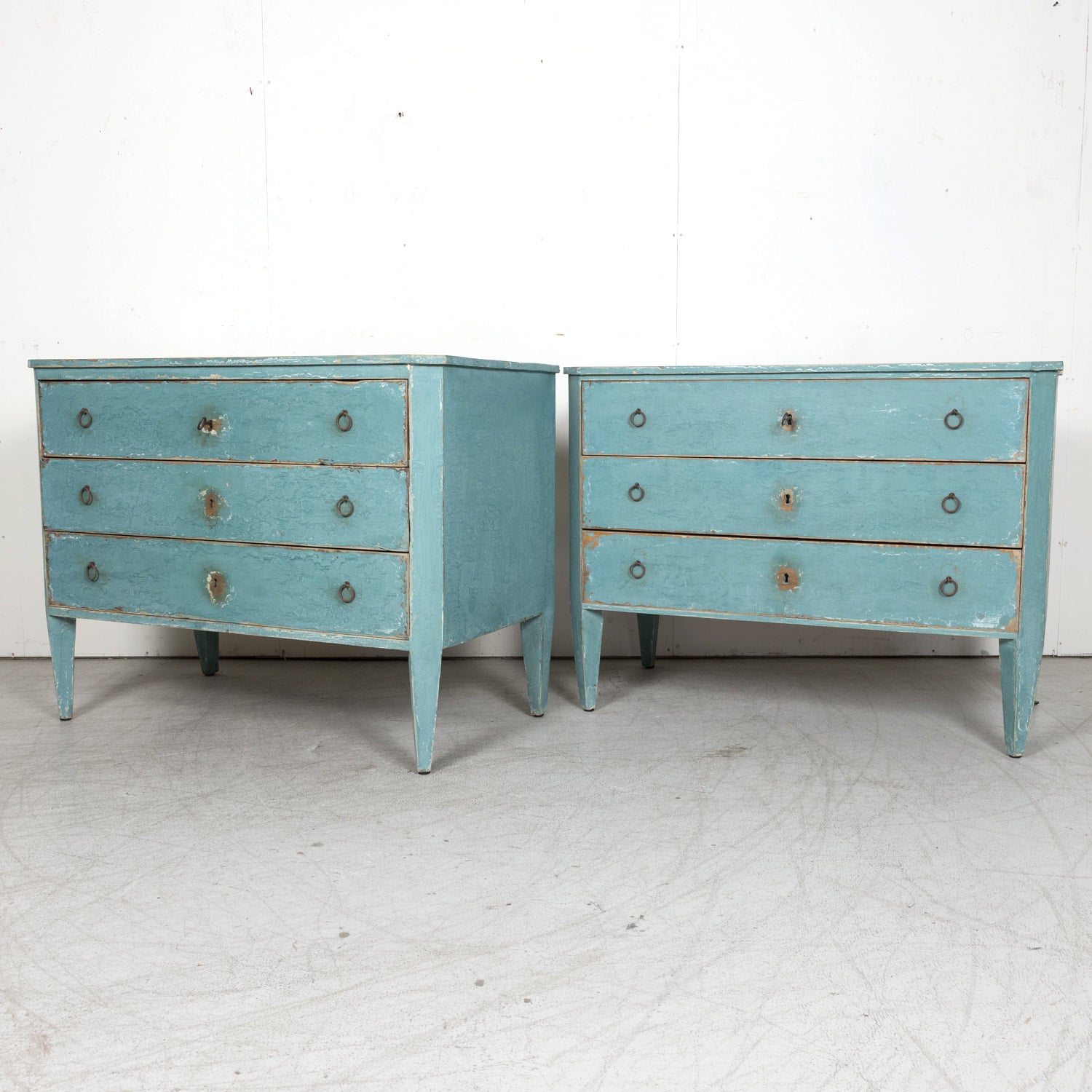 Pair of Late 19th Century French Louis XVI Style Aqua or Teal Painted Three-Drawer Commodes